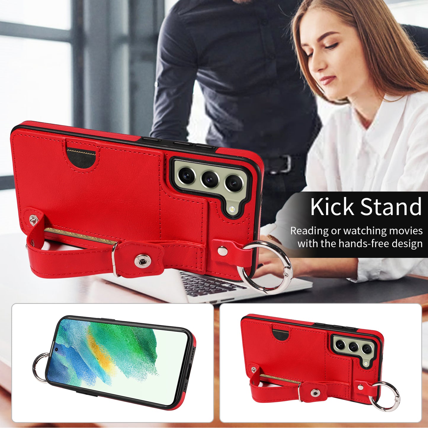 008 For Samsung Galaxy S21 FE 5G Case Anti-Scratch Leather TPU Phone Cover with Kickstand - Red