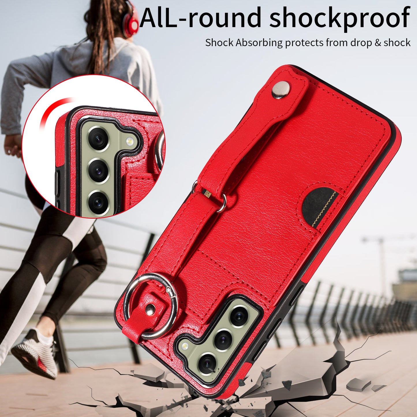 008 For Samsung Galaxy S21 FE 5G Case Anti-Scratch Leather TPU Phone Cover with Kickstand - Red