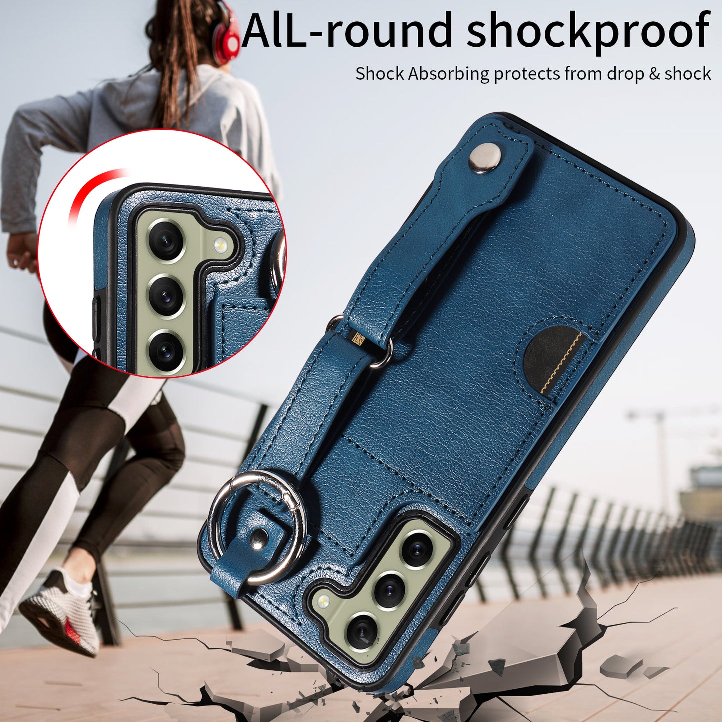 008 For Samsung Galaxy S21 FE 5G Case Anti-Scratch Leather TPU Phone Cover with Kickstand - Blue