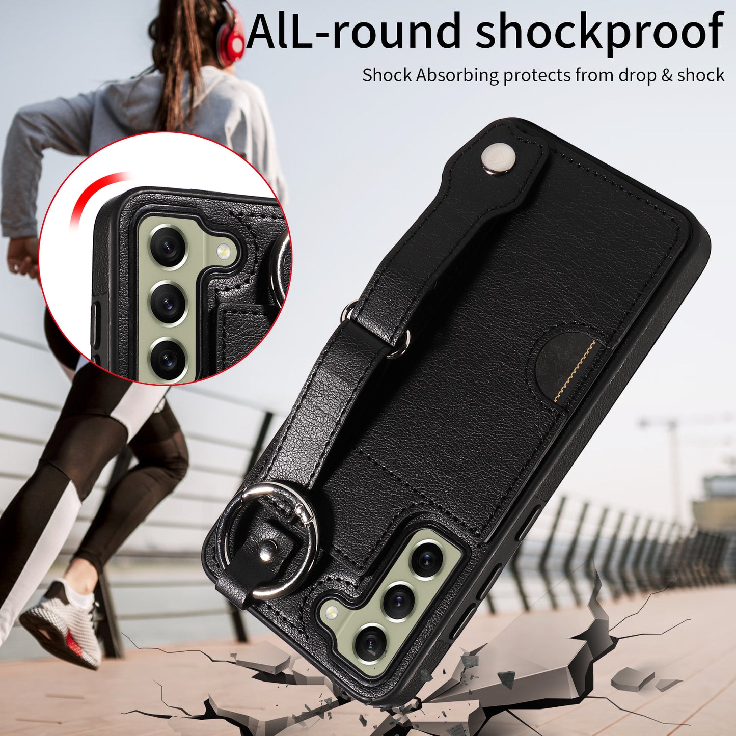 008 For Samsung Galaxy S21 FE 5G Case Anti-Scratch Leather TPU Phone Cover with Kickstand - Black