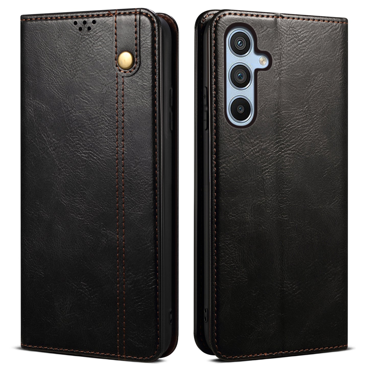 For Samsung Galaxy M55 5G Case Waxy Crazy Horse Texture Phone Cover with Magnetic Clasp - Black