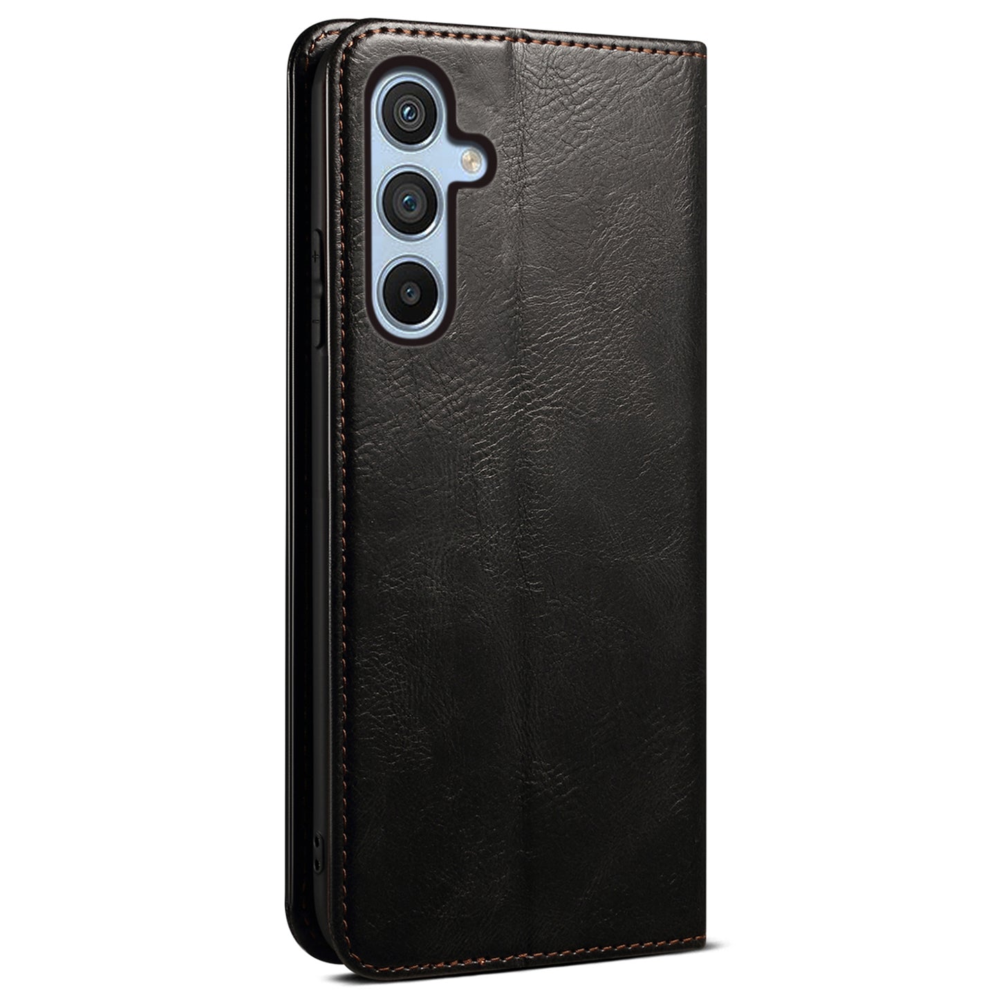 For Samsung Galaxy M55 5G Case Waxy Crazy Horse Texture Phone Cover with Magnetic Clasp - Black