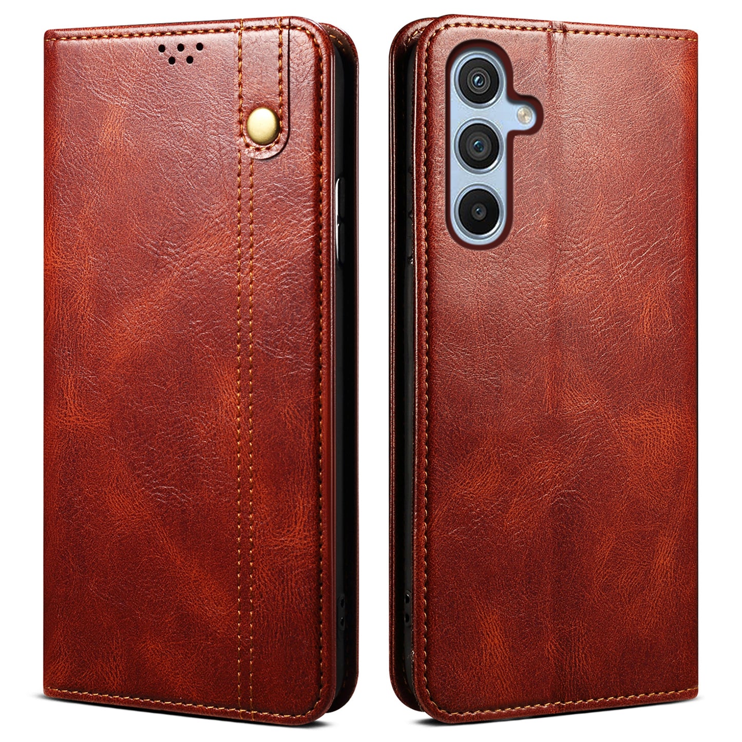 For Samsung Galaxy M55 5G Case Waxy Crazy Horse Texture Phone Cover with Magnetic Clasp - Brown