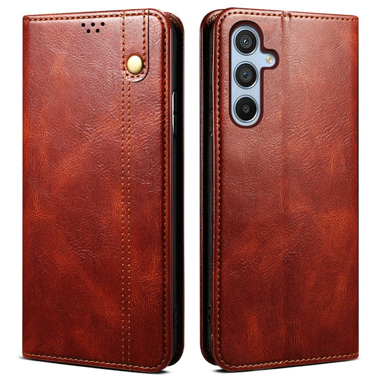 For Samsung Galaxy M55 5G / C55 5G / F55 5G Case Waxy Crazy Horse Texture Phone Cover with Magnetic Clasp - Brown