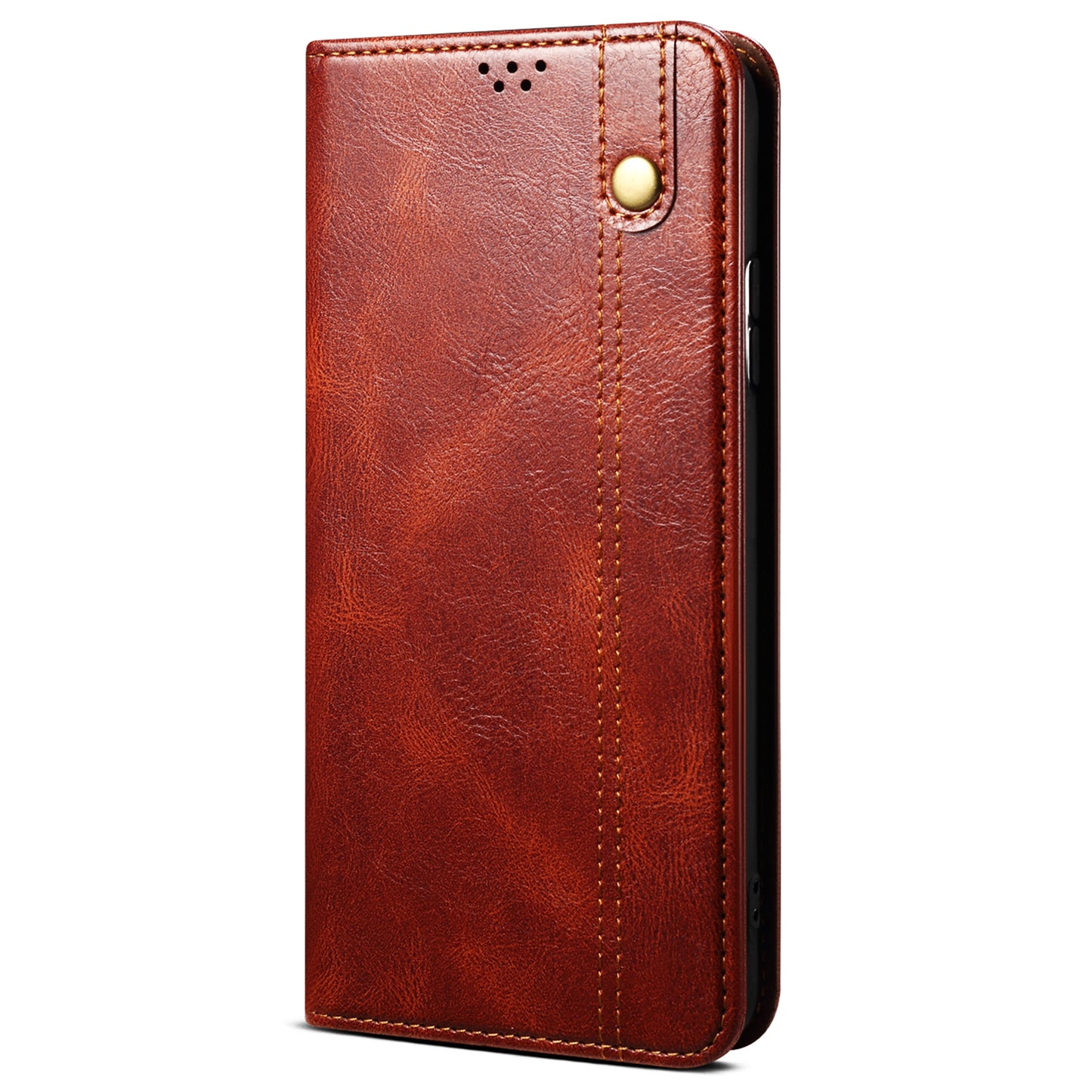 For Samsung Galaxy M55 5G Case Waxy Crazy Horse Texture Phone Cover with Magnetic Clasp - Brown