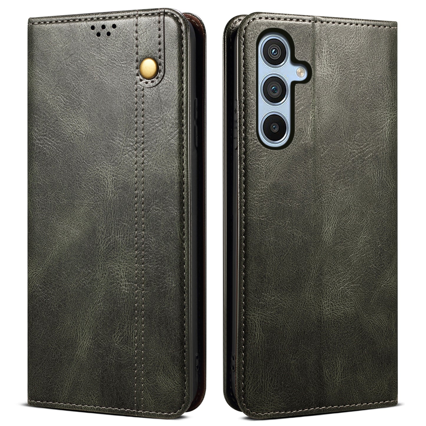 For Samsung Galaxy M55 5G Case Waxy Crazy Horse Texture Phone Cover with Magnetic Clasp - Green