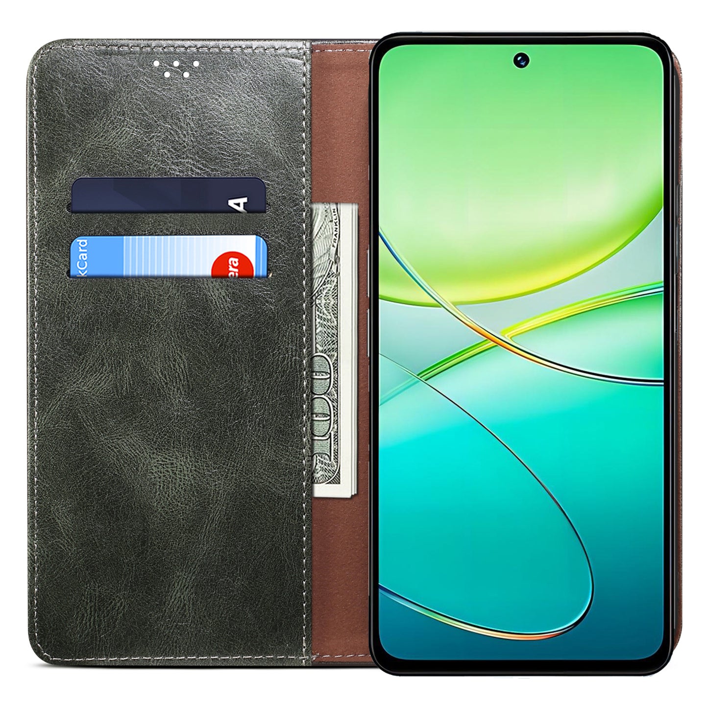 For vivo Y100 5G (Indonesia) / Y200e 5G / V30 Lite 5G (India) / V40 SE 5G / T3 5G Wallet Case Leather Flip Phone Cover - Green