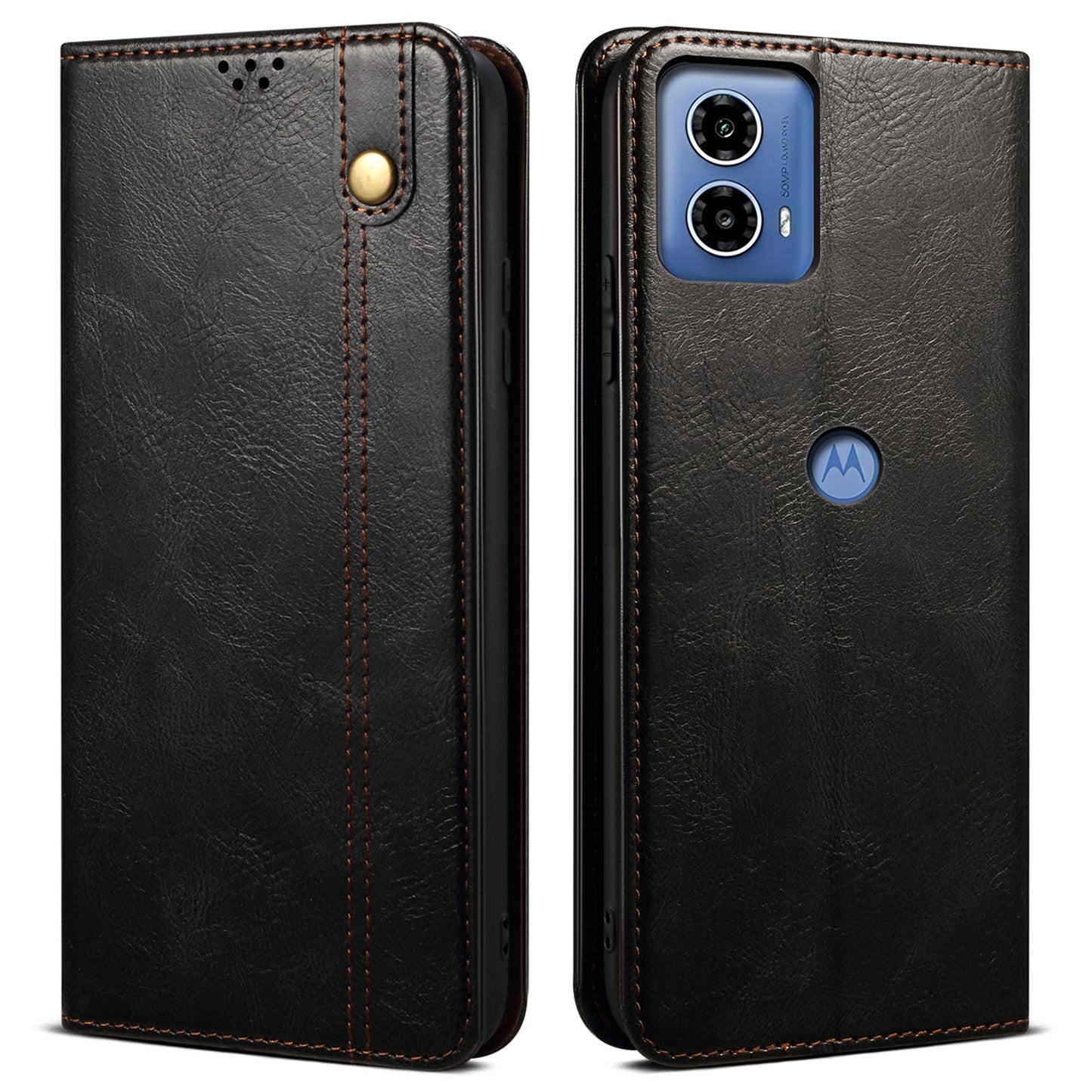 For Motorola Moto G24 Power Magnetic Phone Case Wallet Waxy Crazy Horse Texture Cover - Black