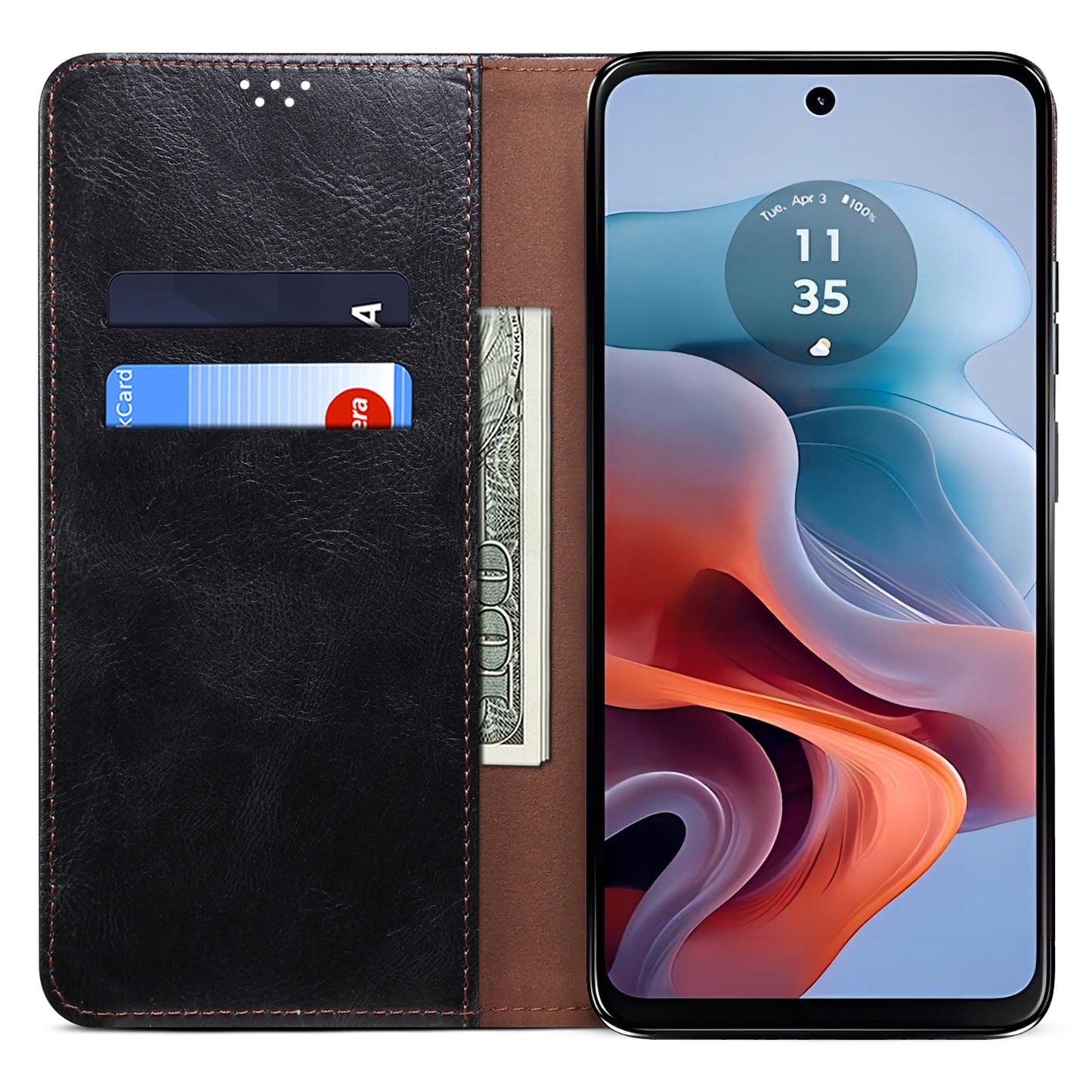 For Motorola Moto G24 Power Magnetic Phone Case Wallet Waxy Crazy Horse Texture Cover - Black