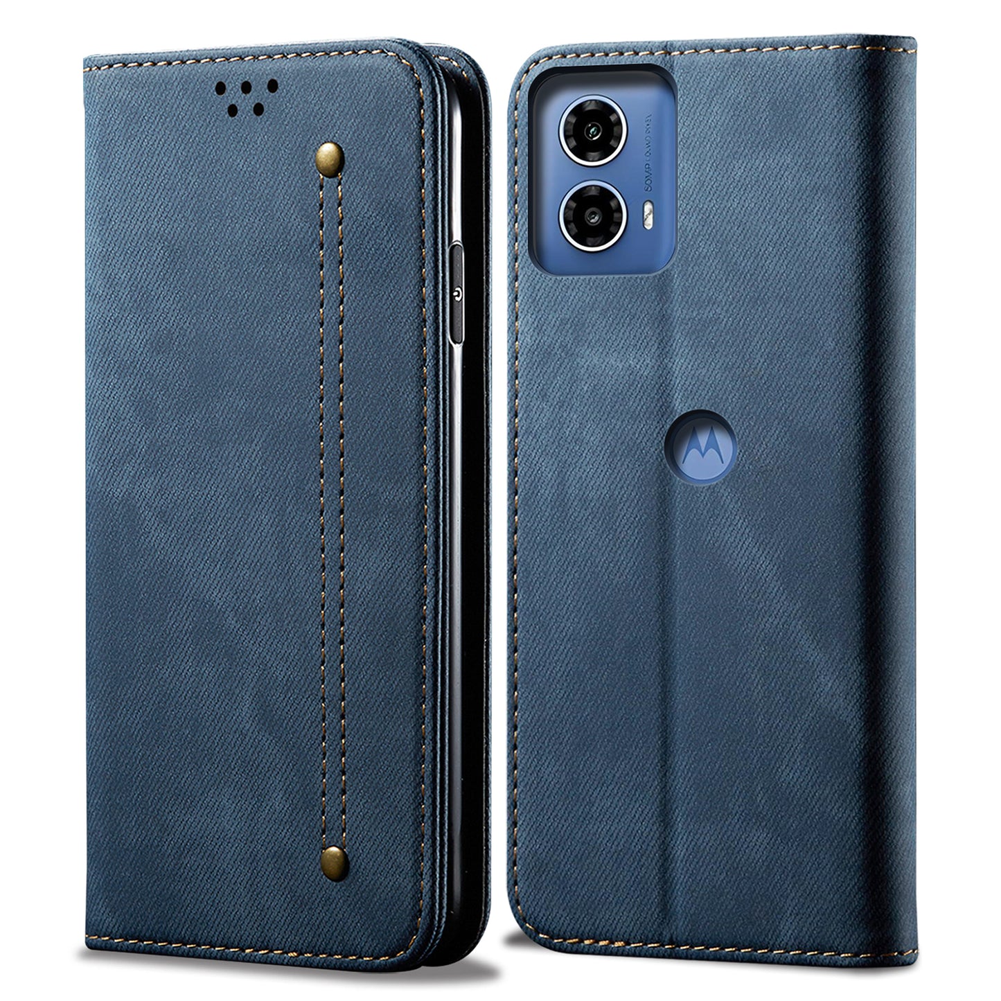 For Motorola Moto G24 Power Wallet Case Stand Denim Texture Leather Phone Cover - Blue