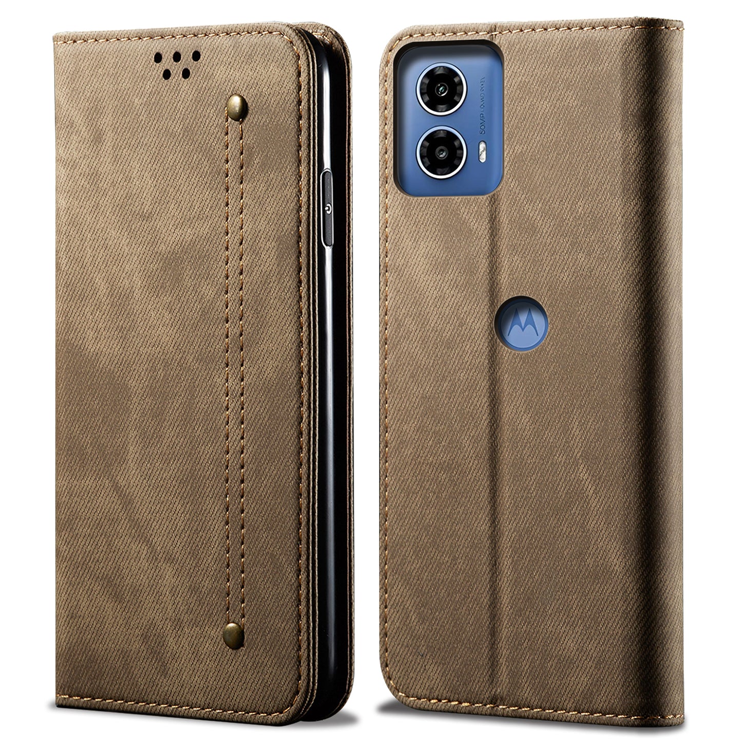 For Motorola Moto G24 Power Wallet Case Stand Denim Texture Leather Phone Cover - Khaki