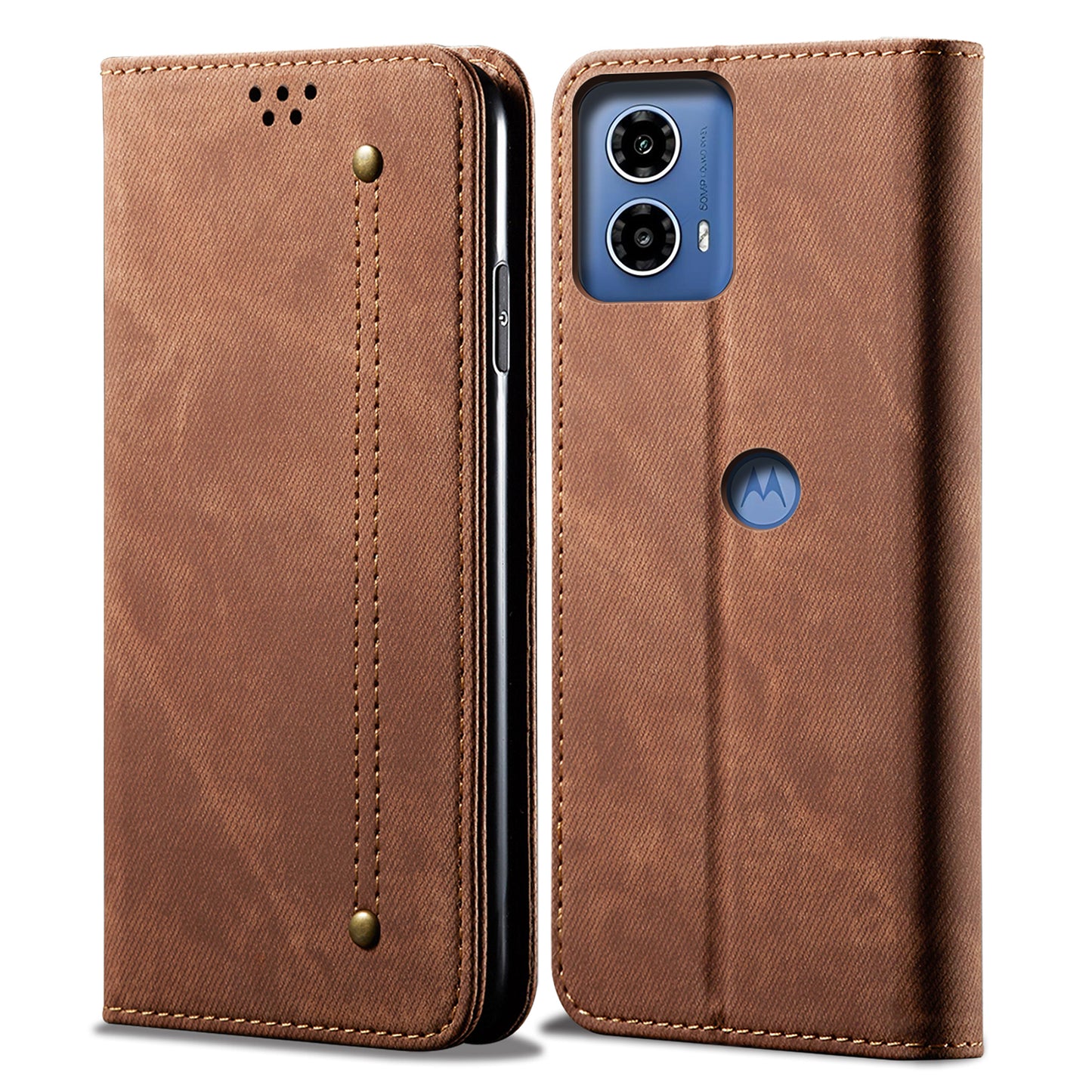 For Motorola Moto G24 Power Wallet Case Stand Denim Texture Leather Phone Cover - Coffee