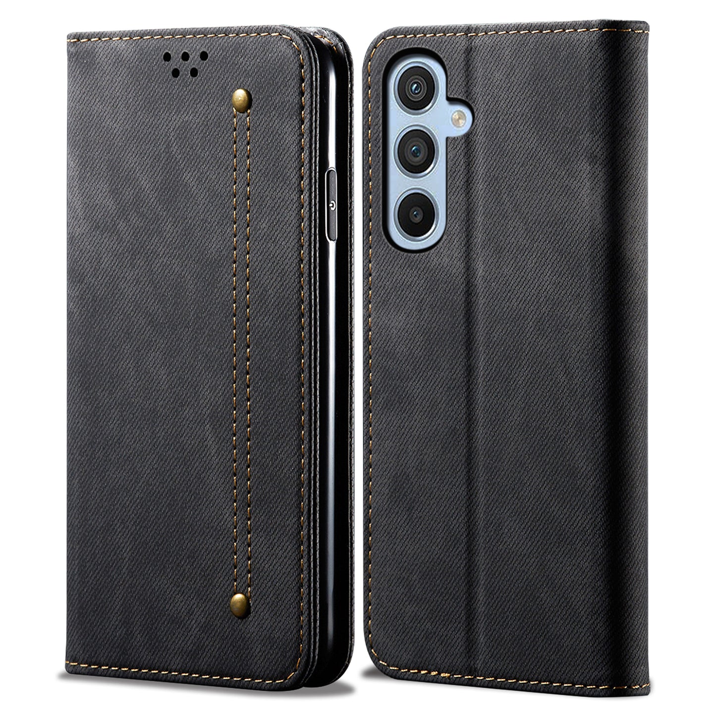 For Samsung Galaxy M15 5G / F15 5G Case Jeans Cloth Texture Leather Wallet Phone Cover - Black