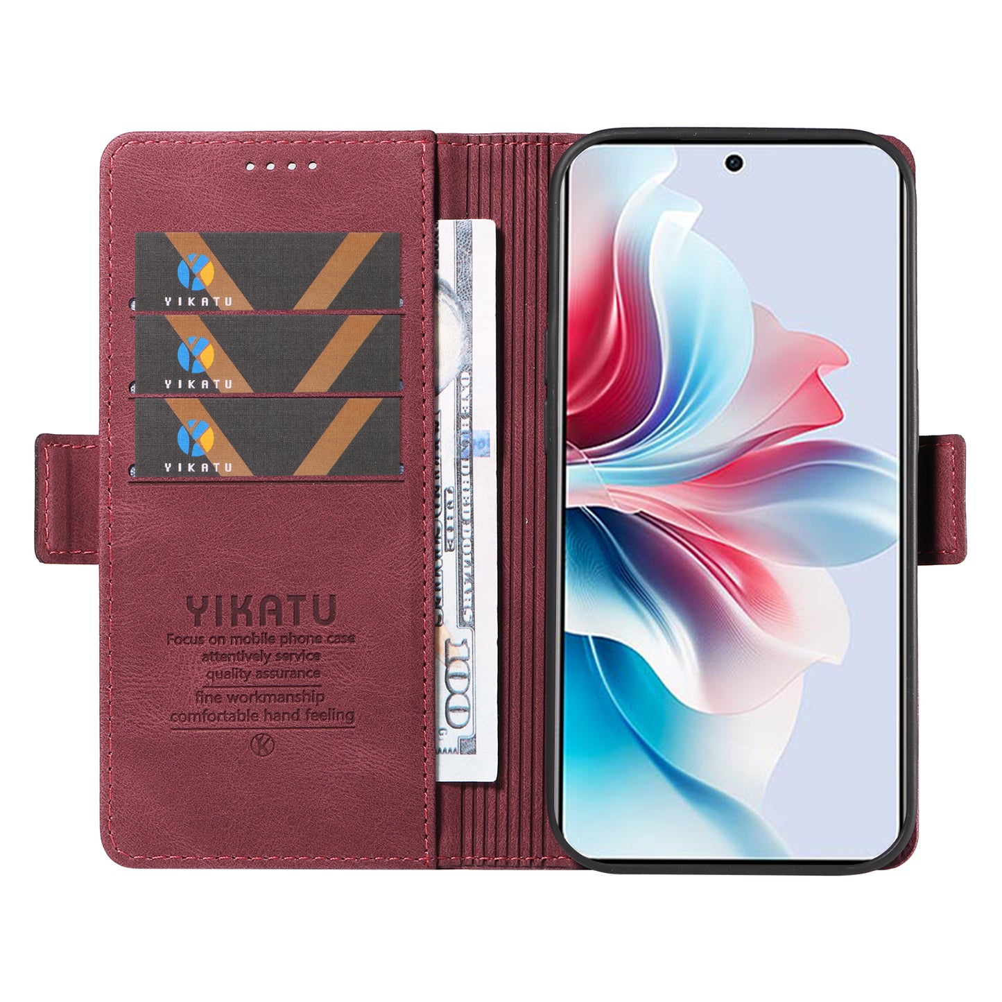 YIKATU YK-005 For Oppo Reno11 F 5G / F25 Pro 5G Leather Phone Case Stand Wallet Cover - Wine Red