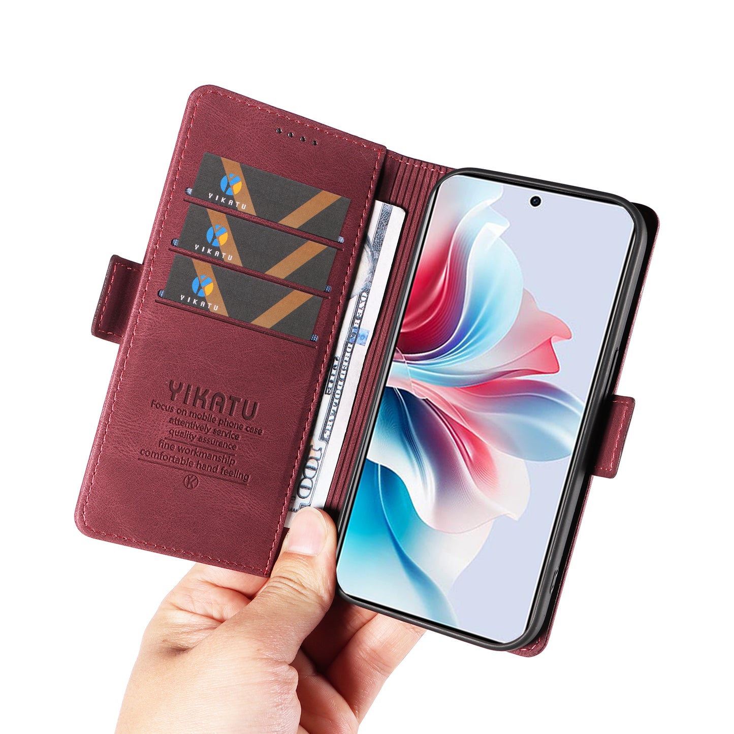 YIKATU YK-005 For Oppo Reno11 F 5G / F25 Pro 5G Leather Phone Case Stand Wallet Cover - Wine Red