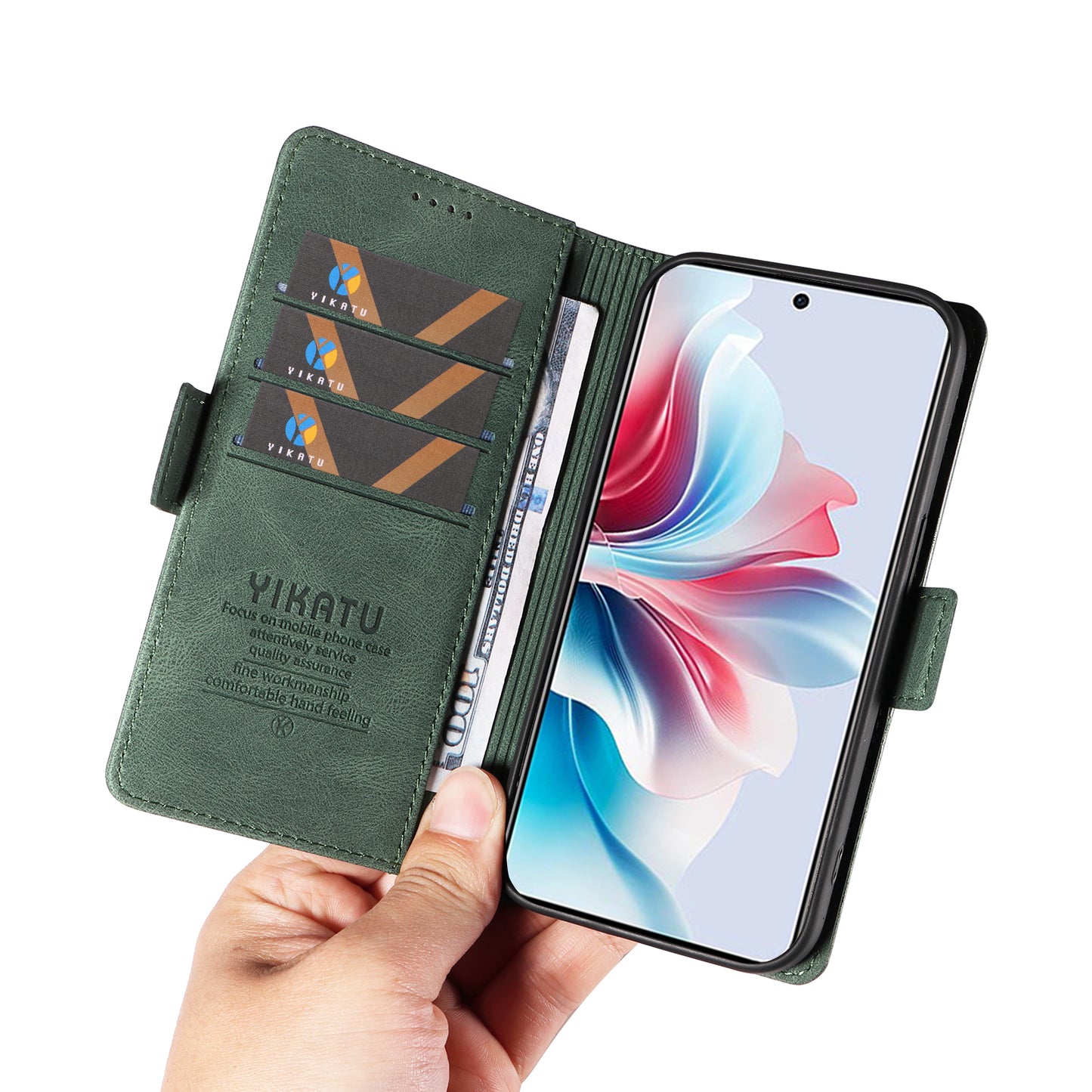 YIKATU YK-005 For Oppo Reno11 F 5G / F25 Pro 5G Leather Phone Case Stand Wallet Cover - Green