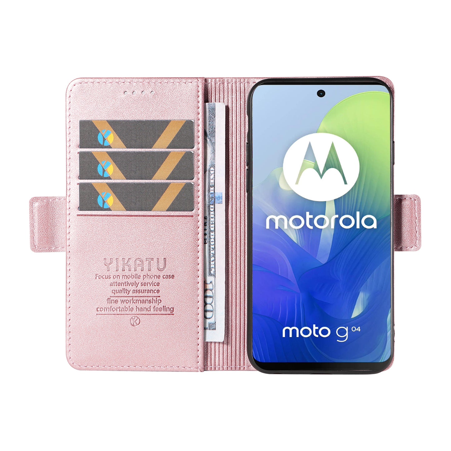 YIKATU YK-003 For Motorola Moto G04 4G / G24 4G Case PU Leather Stand Shockproof Phone Cover - Rose Gold