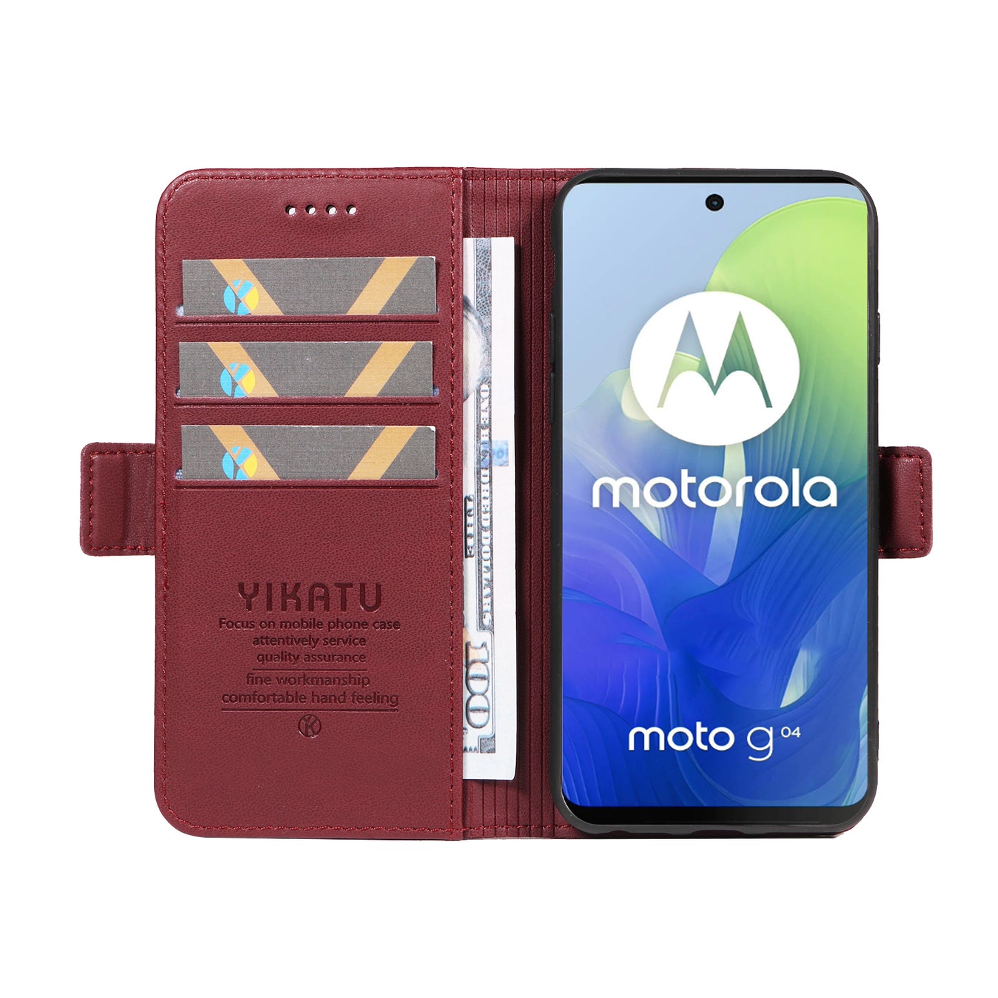 YIKATU YK-003 For Motorola Moto G04 4G / G24 4G Case PU Leather Stand Shockproof Phone Cover - Wine Red