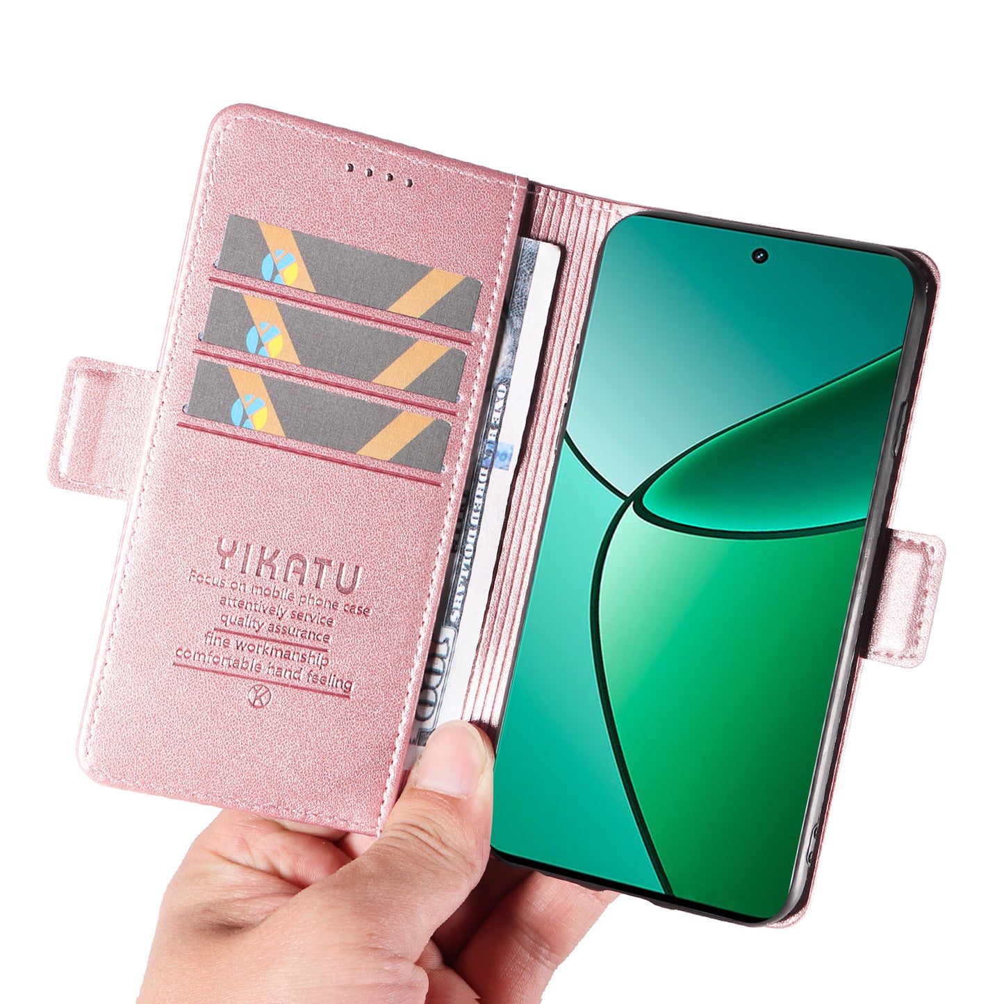 YIKATU YK-003 For Realme 12+ 5G Case Wallet PU Leather+TPU Cover Phone Accessories Distributors - Rose Gold