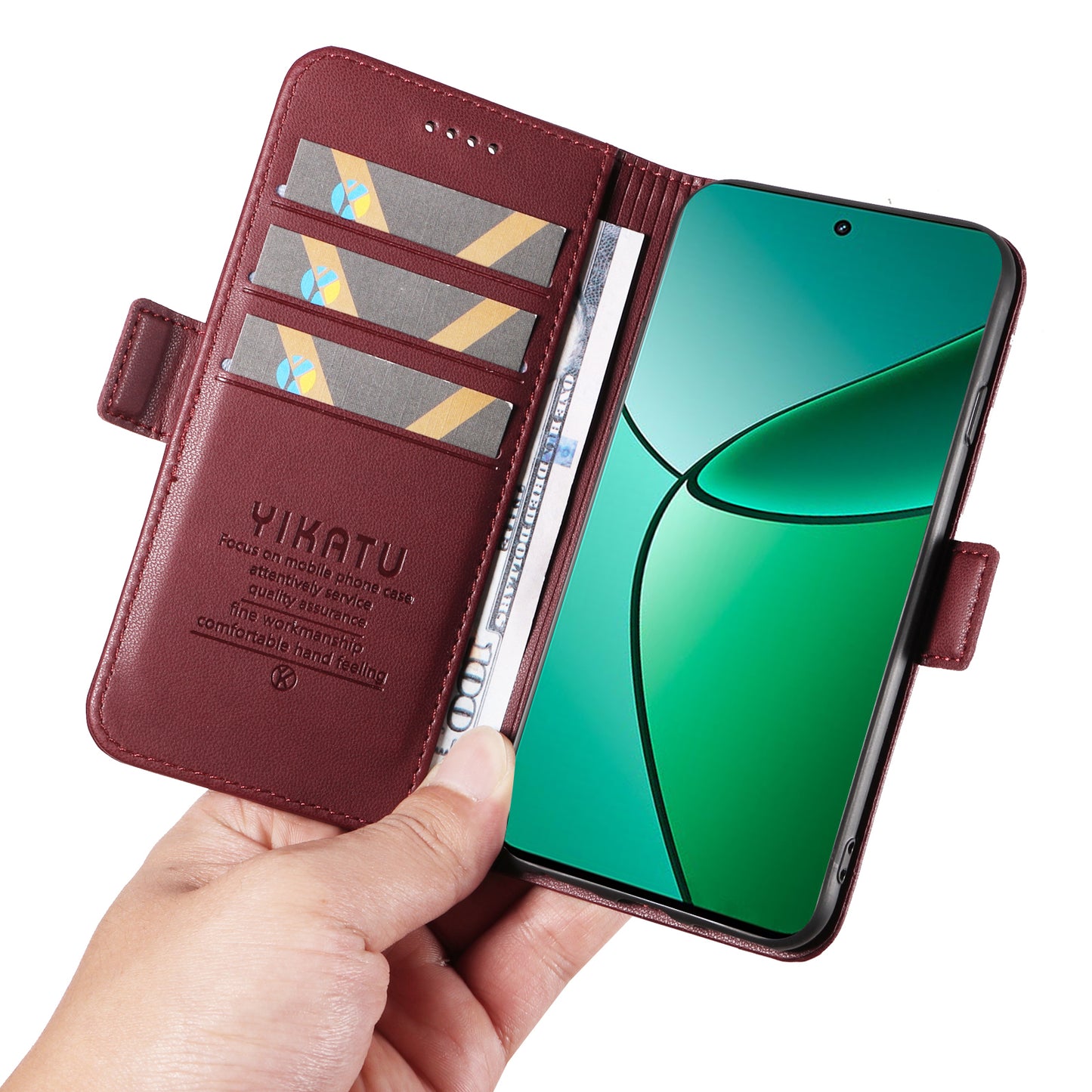 YIKATU YK-003 For Realme 12+ 5G Case Wallet PU Leather+TPU Cover Phone Accessories Distributors - Wine Red