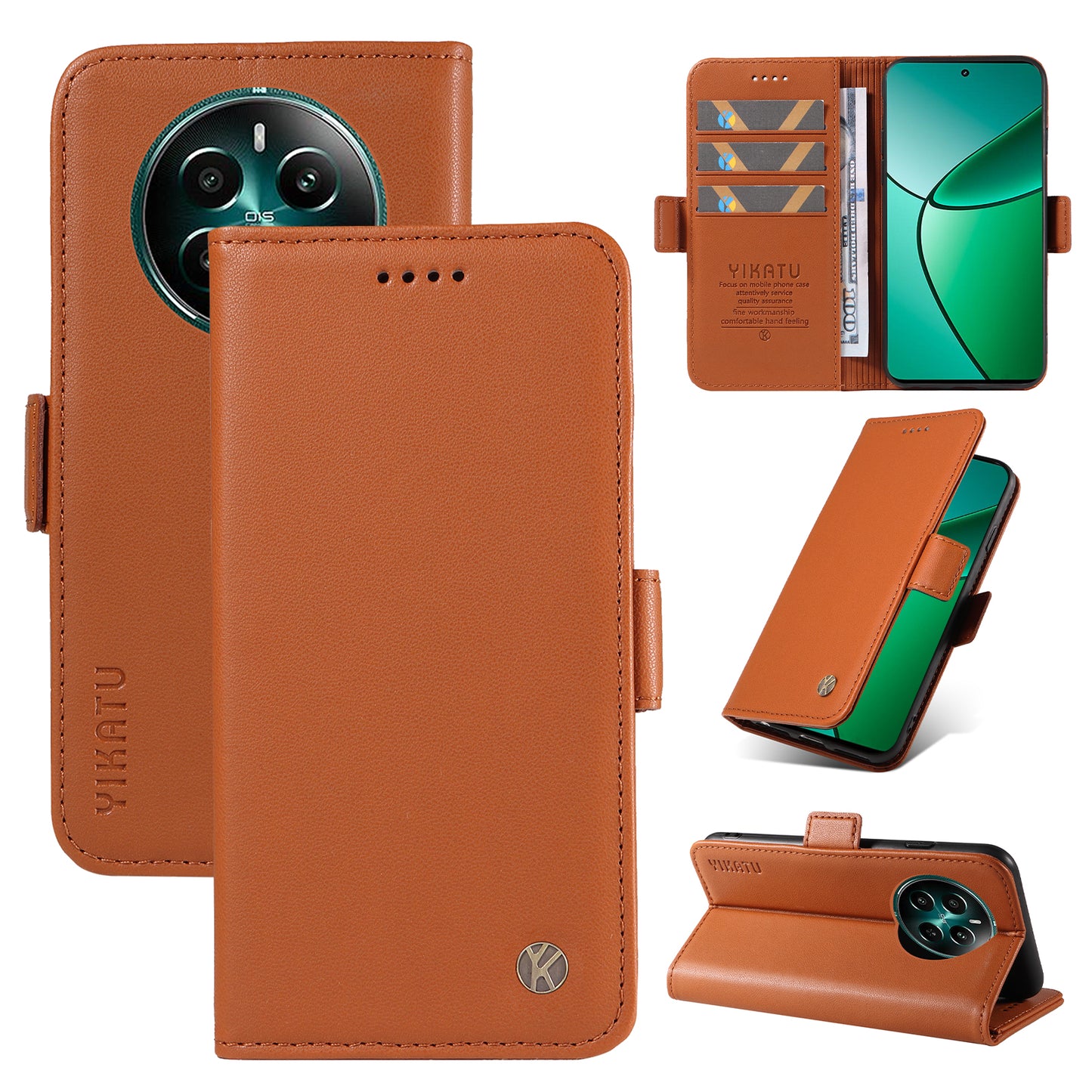 YIKATU YK-003 For Realme 12+ 5G Case Wallet PU Leather+TPU Cover Phone Accessories Distributors - Brown