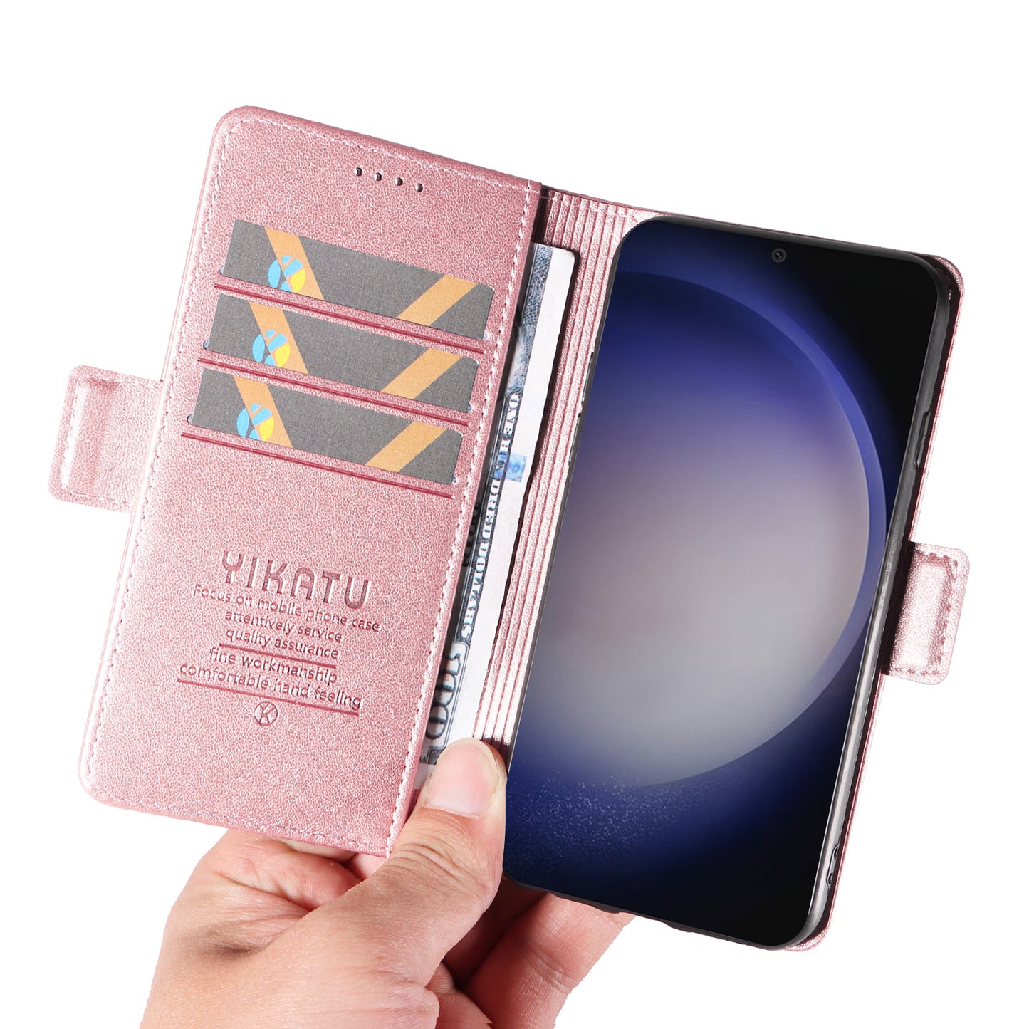 YIKATU YK-003 For Samsung Galaxy S24 Case PU Leather Folio Wallet Phone Cover - Rose Gold