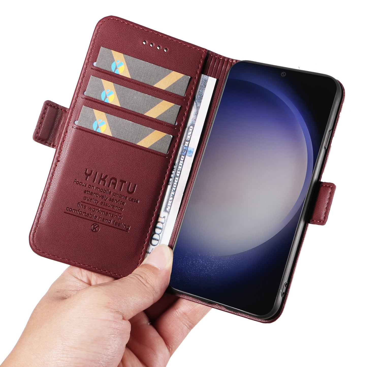 YIKATU YK-003 For Samsung Galaxy S24 Case PU Leather Folio Wallet Phone Cover - Wine Red