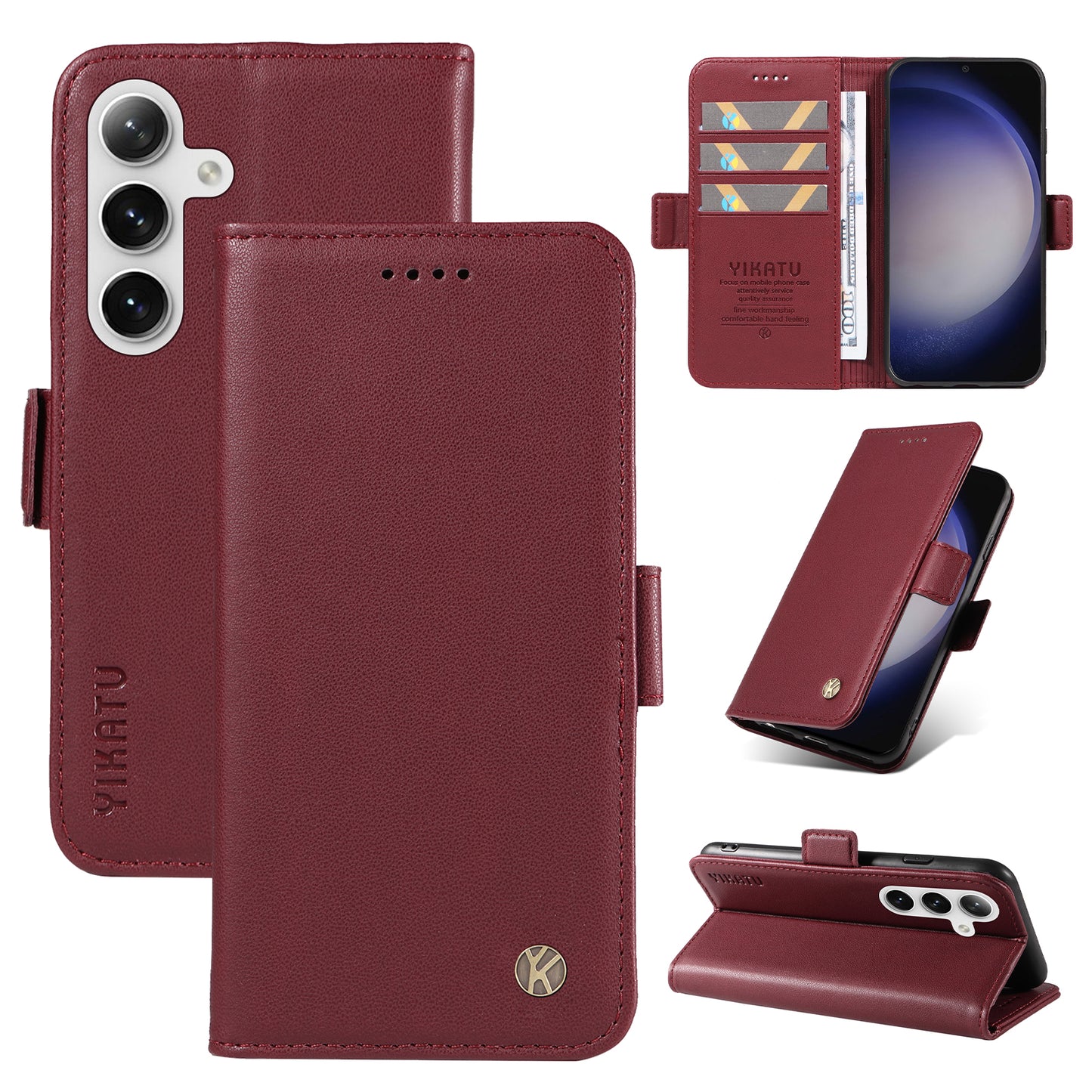 YIKATU YK-003 For Samsung Galaxy S24 Case PU Leather Folio Wallet Phone Cover - Wine Red