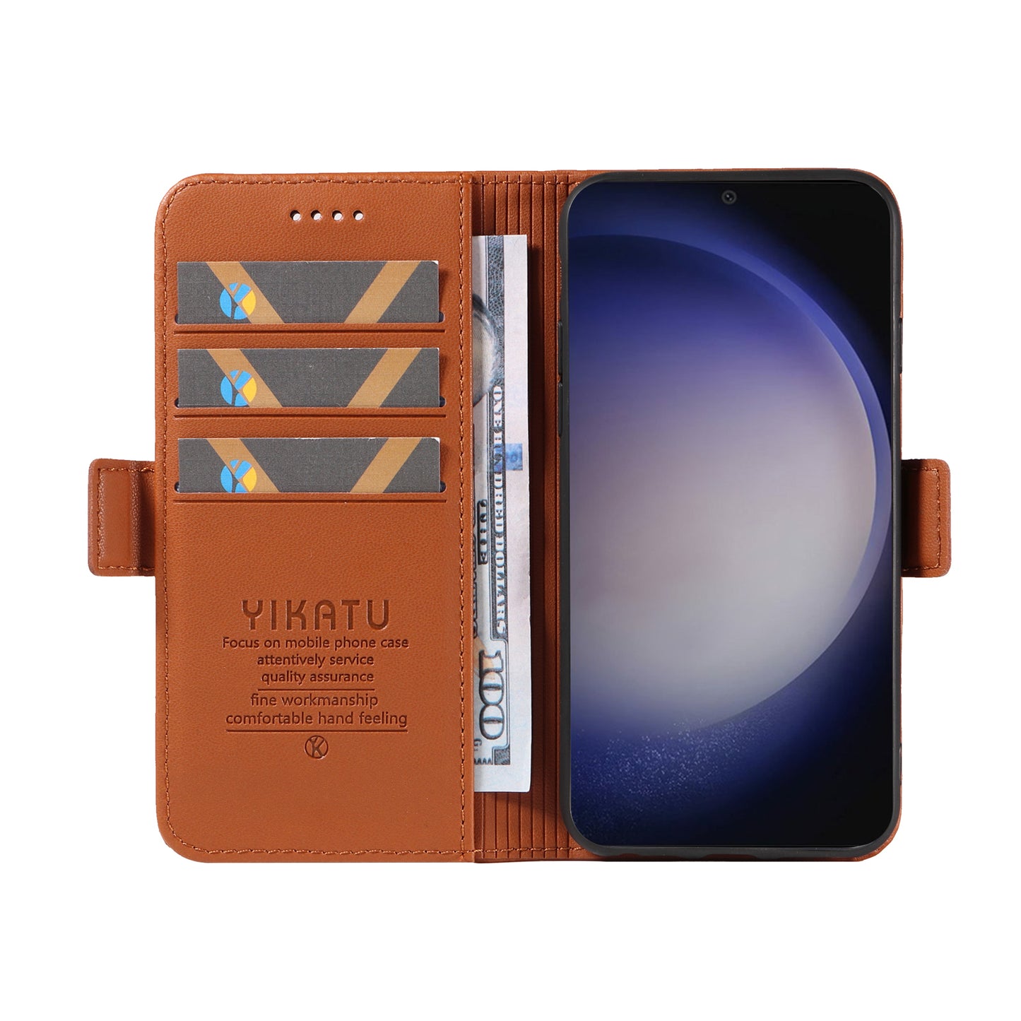 YIKATU YK-003 For Samsung Galaxy S24 Case PU Leather Folio Wallet Phone Cover - Brown