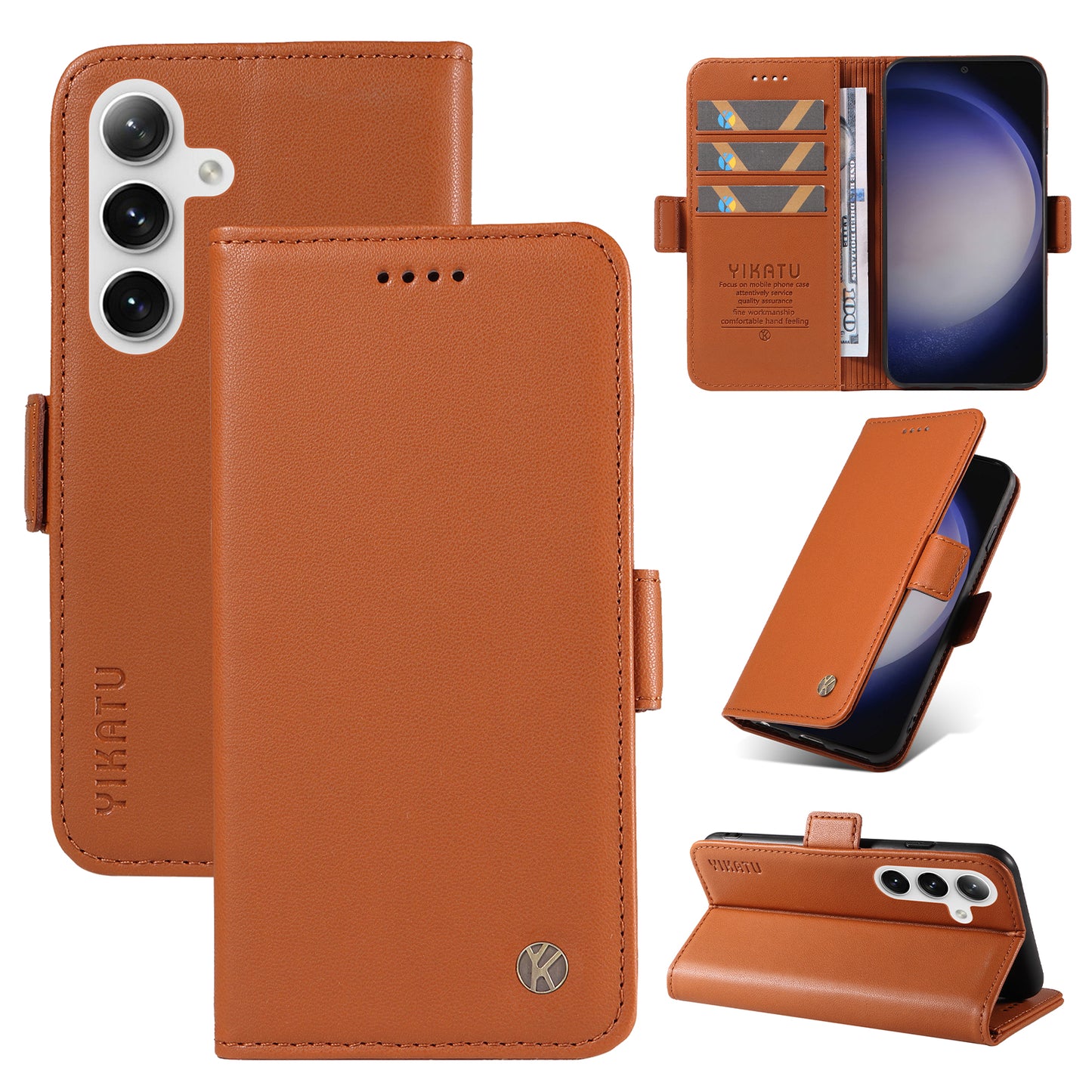 YIKATU YK-003 For Samsung Galaxy S24 Case PU Leather Folio Wallet Phone Cover - Brown