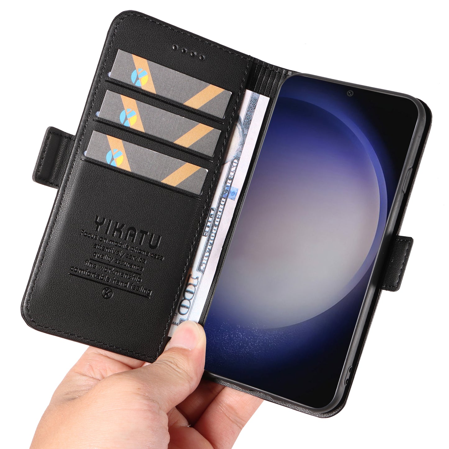 YIKATU YK-003 For Samsung Galaxy S24 Case PU Leather Folio Wallet Phone Cover - Black