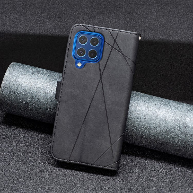 BINFEN COLOR For Samsung Galaxy M62 / F62 Phone Cases Wallet Stand Geometry Imprinted Leather Cover - Black