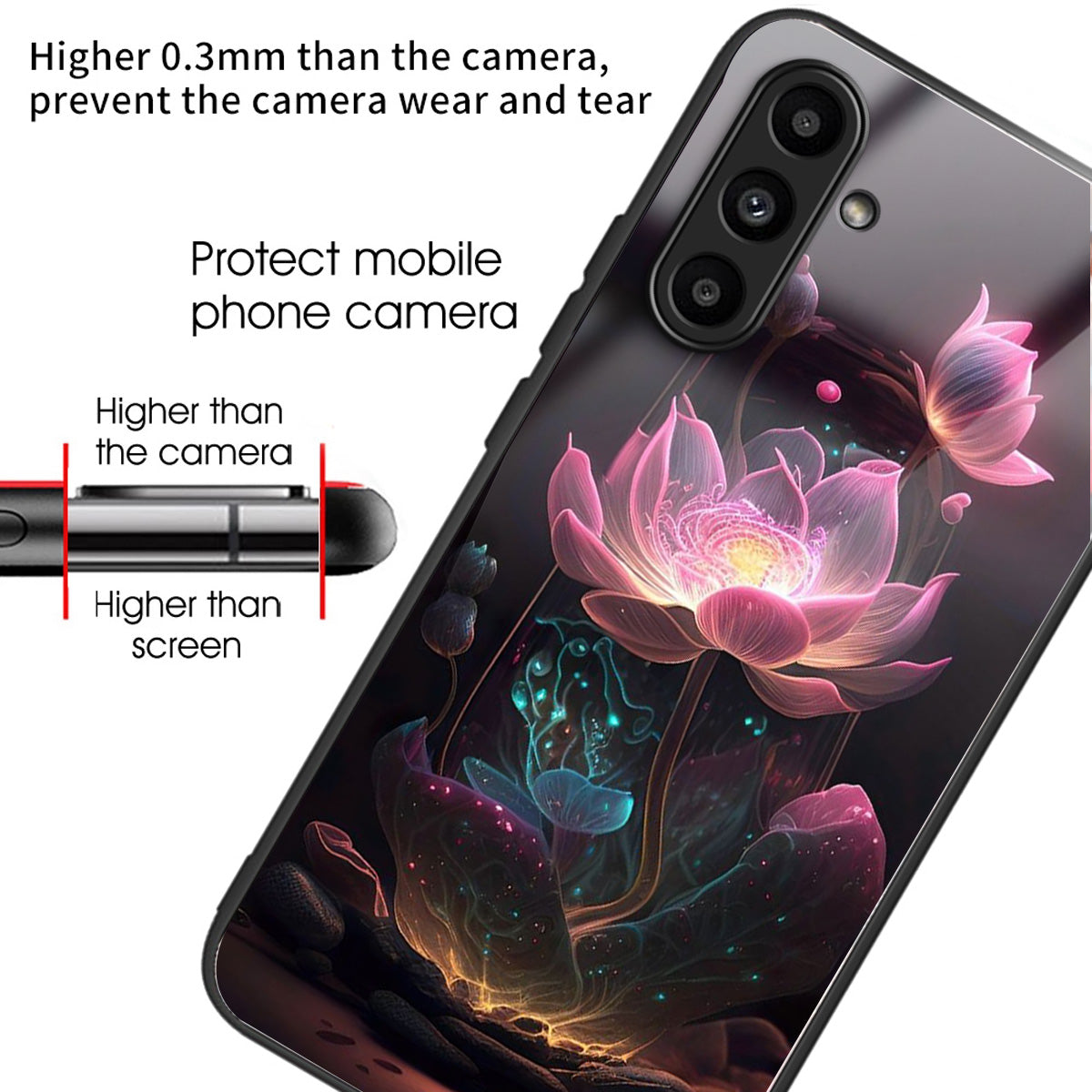 For Samsung Galaxy A14 5G / A14 4G Case Pattern Printed Tempered Glass+TPU Phone Cover - Pink Lotus