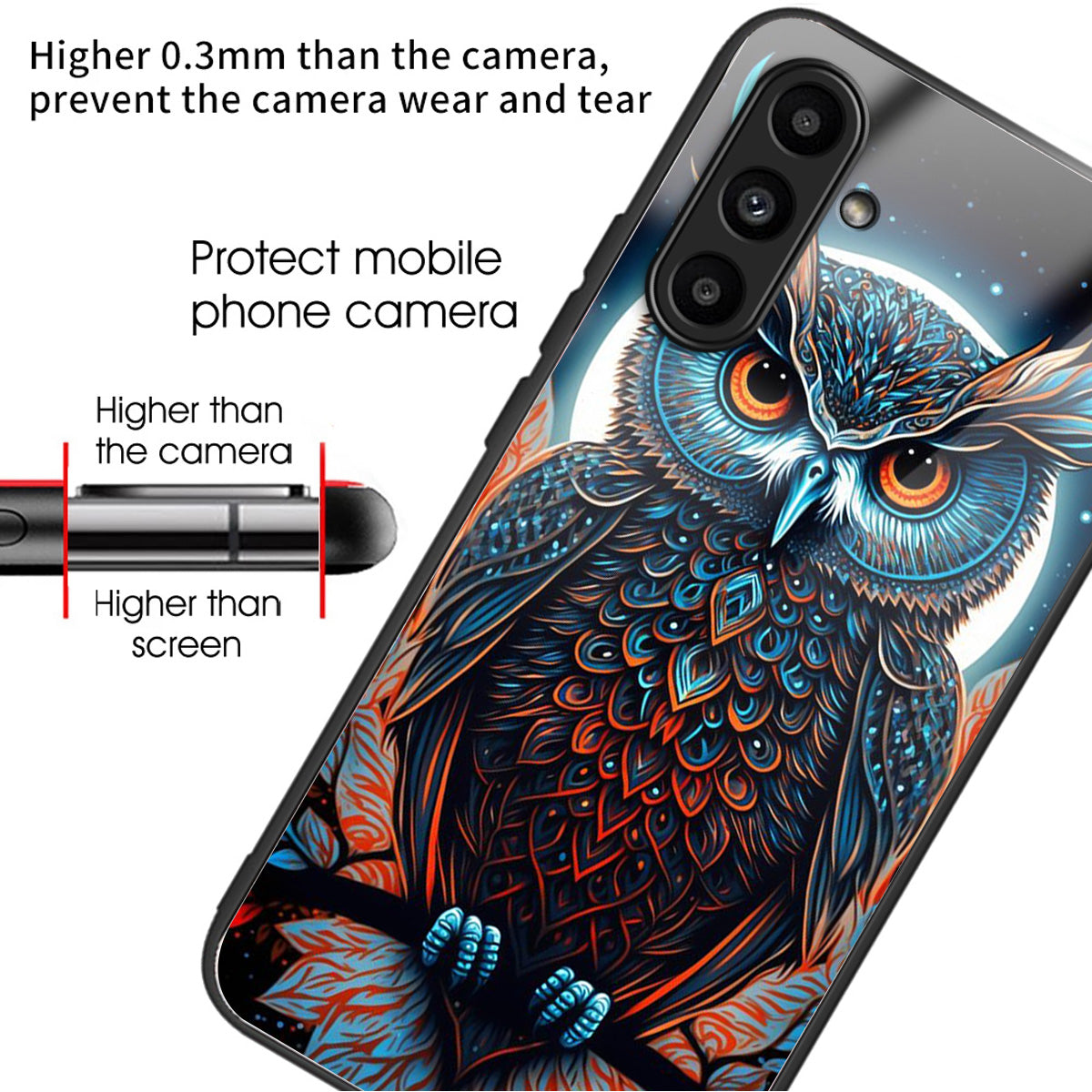 For Samsung Galaxy A14 5G / A14 4G Case Pattern Printed Tempered Glass+TPU Phone Cover - Owl
