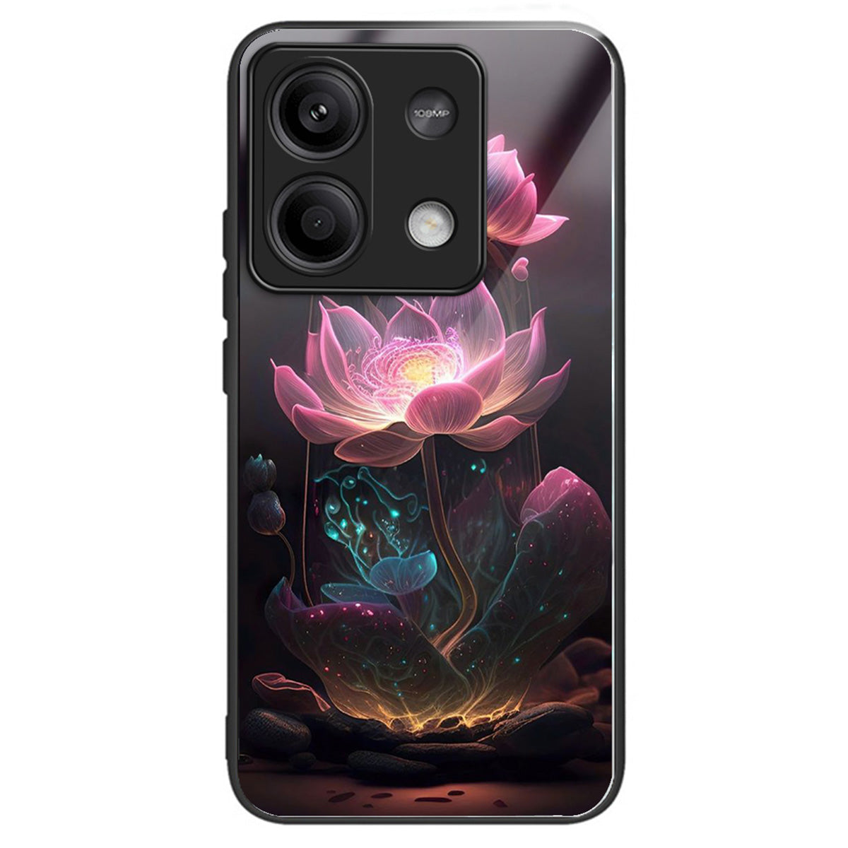 For Xiaomi Redmi Note 13 5G Case Tempered Glass+TPU Phone Cover Pattern Printing - Pink Lotus