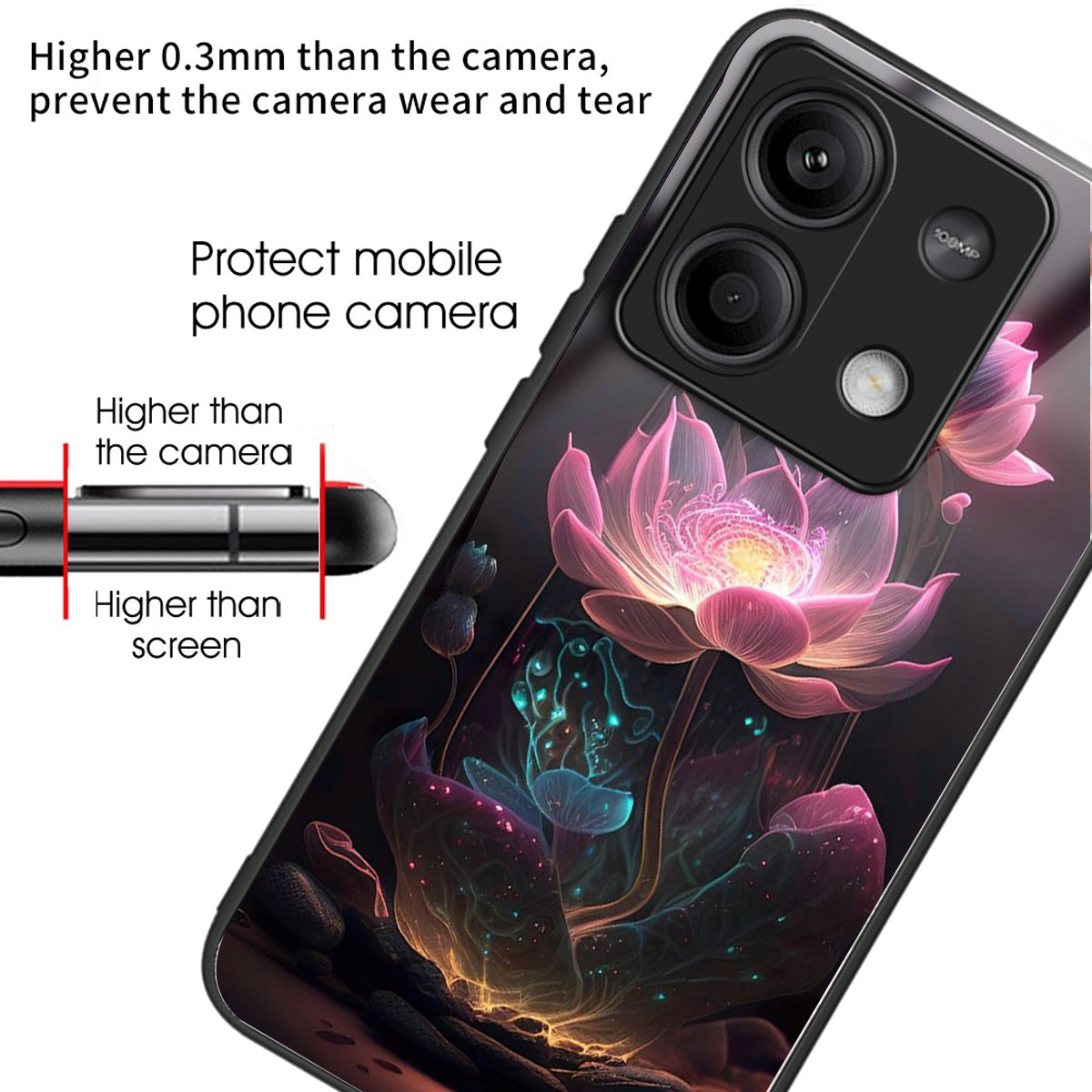 For Xiaomi Redmi Note 13 5G Case Tempered Glass+TPU Phone Cover Pattern Printing - Pink Lotus