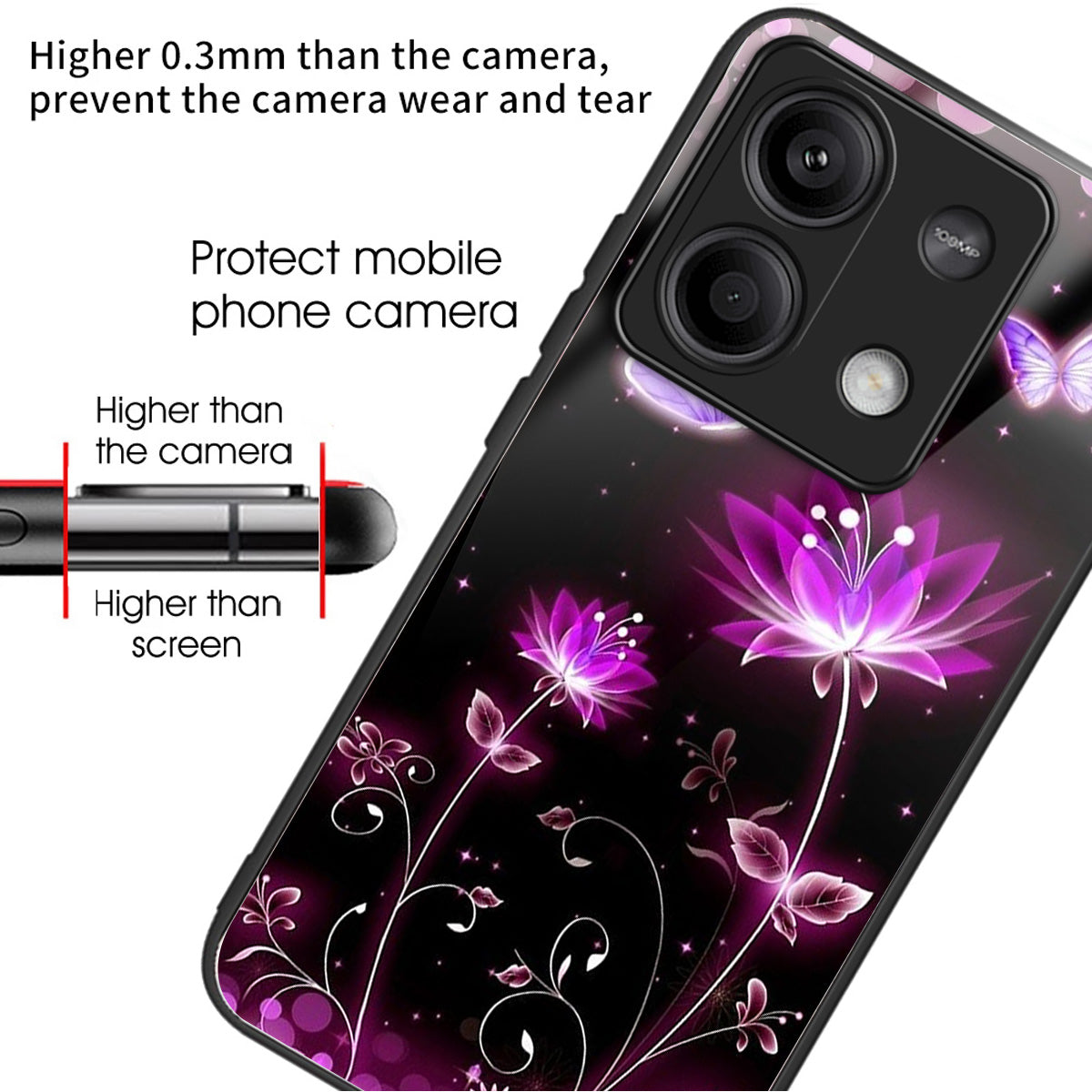 For Xiaomi Redmi Note 13 5G Case Tempered Glass+TPU Phone Cover Pattern Printing - Fluorescent Lotus