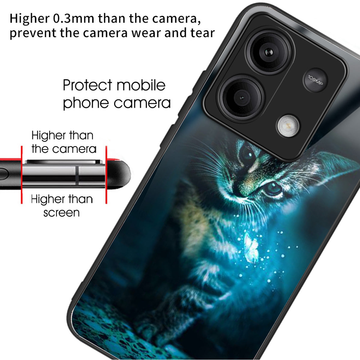 For Xiaomi Redmi Note 13 5G Case Tempered Glass+TPU Phone Cover Pattern Printing - Cat