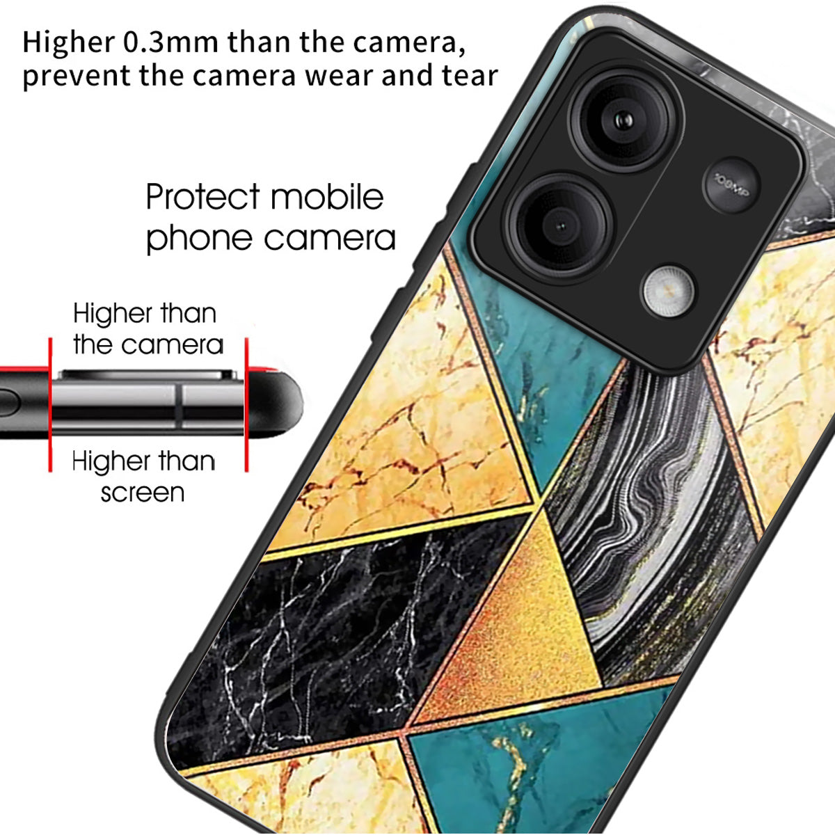 For Xiaomi Redmi Note 13 5G Case Tempered Glass+TPU Phone Cover Pattern Printing - Splicing Marble
