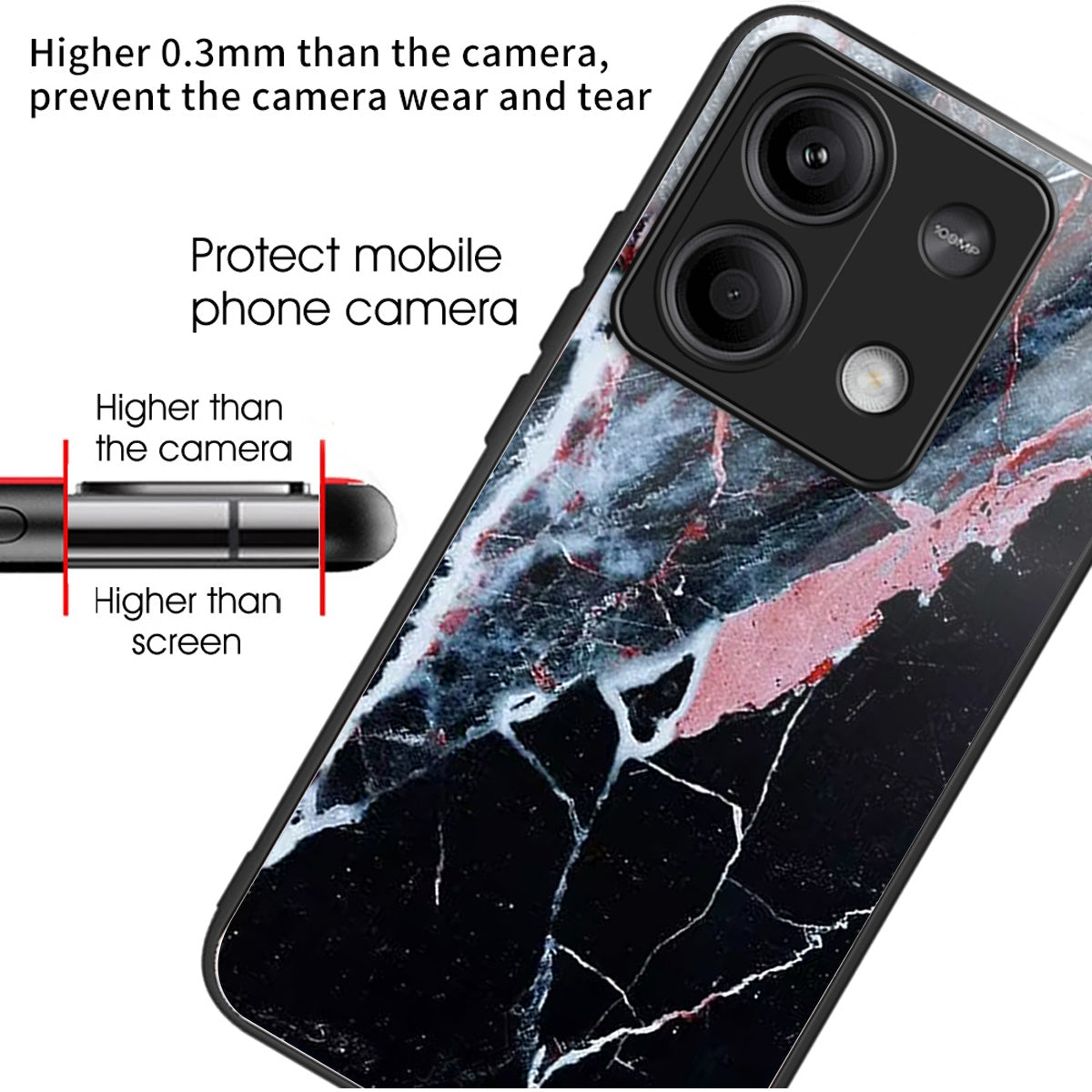 For Xiaomi Redmi Note 13 5G Case Tempered Glass+TPU Phone Cover Pattern Printing - Black Marble
