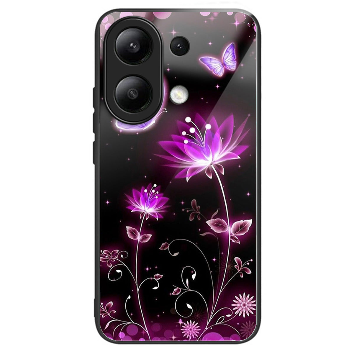 For Xiaomi Redmi Note 13 4G Phone Case Pattern Printed Tempered Glass Back Cover - Fluorescent Lotus