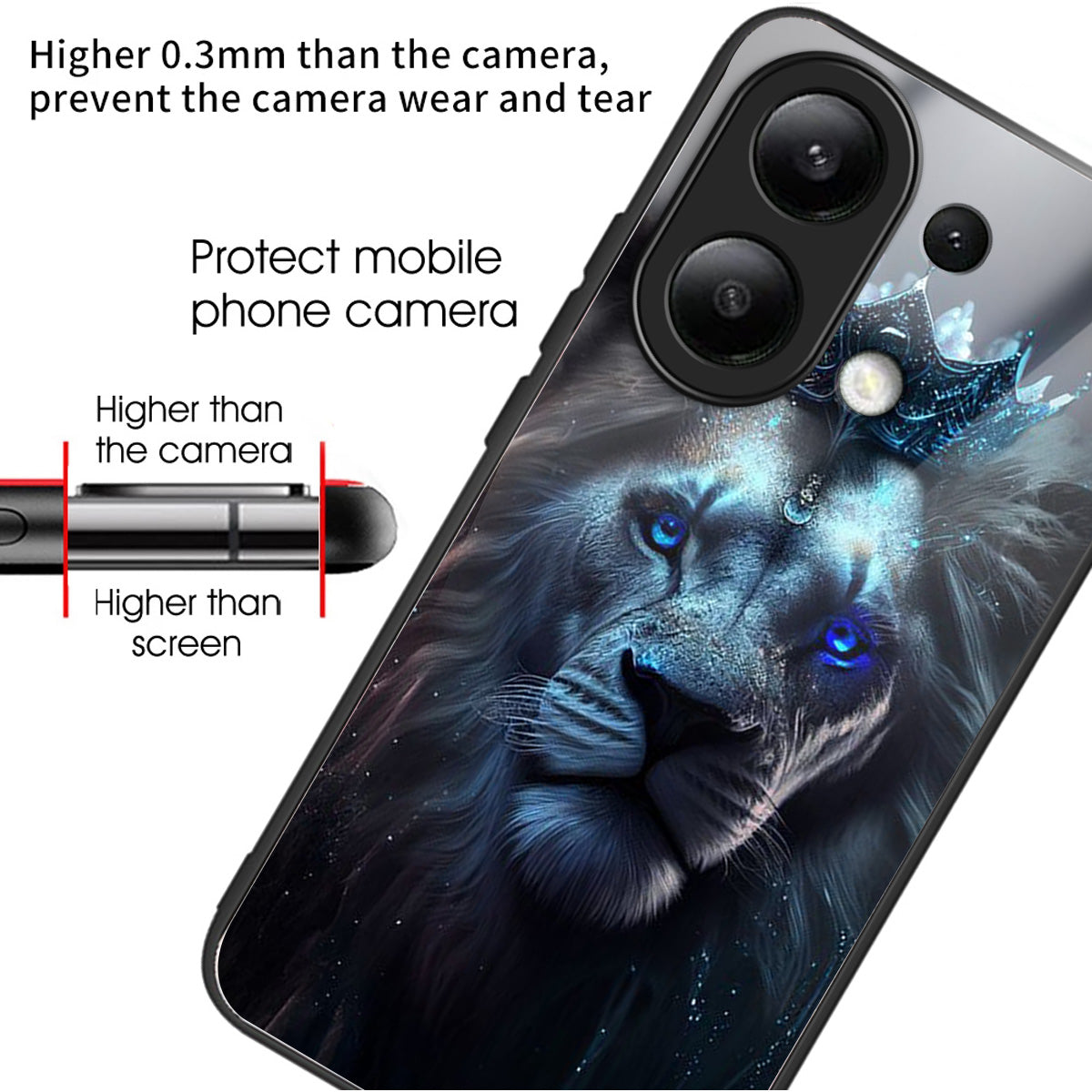 For Xiaomi Redmi Note 13 4G Phone Case Pattern Printed Tempered Glass Back Cover - Blue Lion