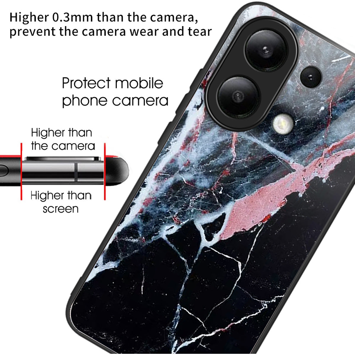 For Xiaomi Redmi Note 13 4G Phone Case Pattern Printed Tempered Glass Back Cover - Black Marble
