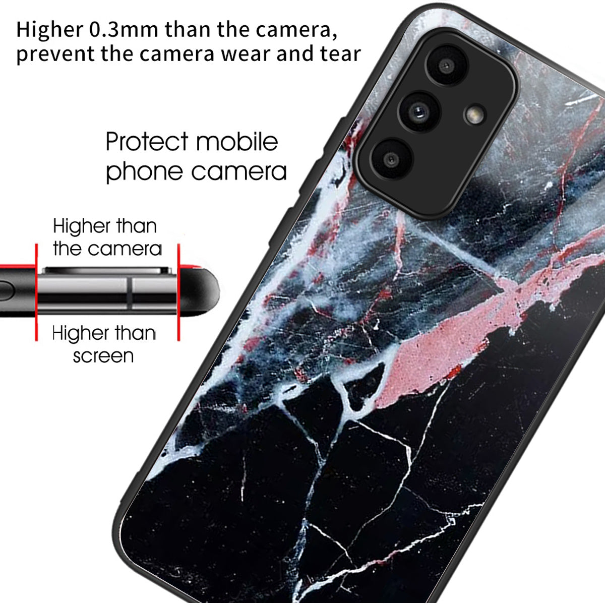 For Samsung Galaxy A15 4G / 5G TPU Phone Case Pattern Printed Tempered Glass Back Cover - Black Marble