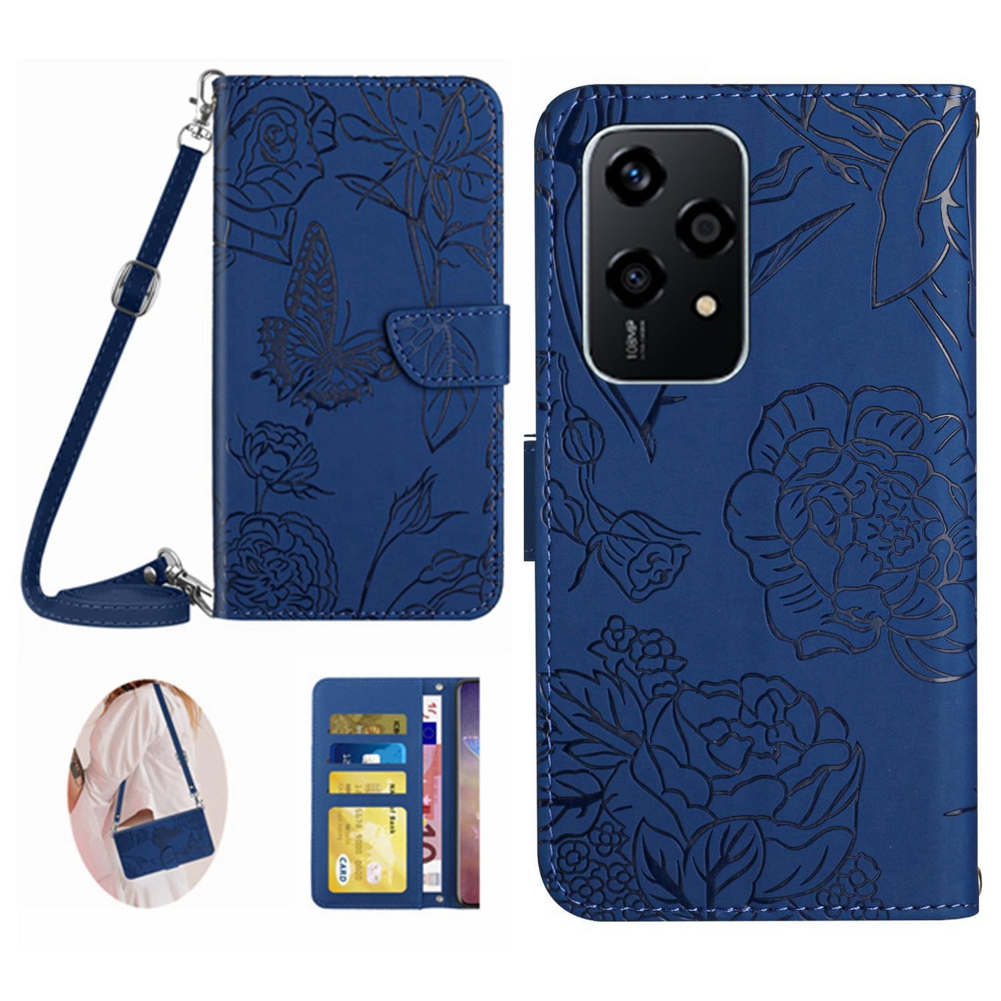 HT03 For Honor 200 Lite Case Butterfly Imprint Skin-touch Feeling Leather Phone Cover with Long Strap - Blue
