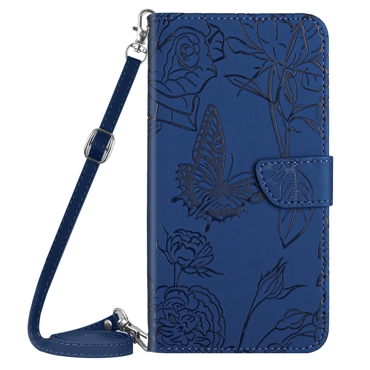 HT03 For Honor 200 Lite Case Butterfly Imprint Skin-touch Feeling Leather Phone Cover with Long Strap - Blue