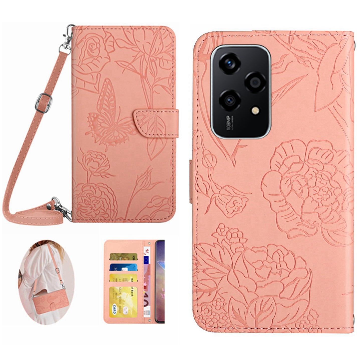 HT03 For Honor 200 Lite Case Butterfly Imprint Skin-touch Feeling Leather Phone Cover with Long Strap - Pink