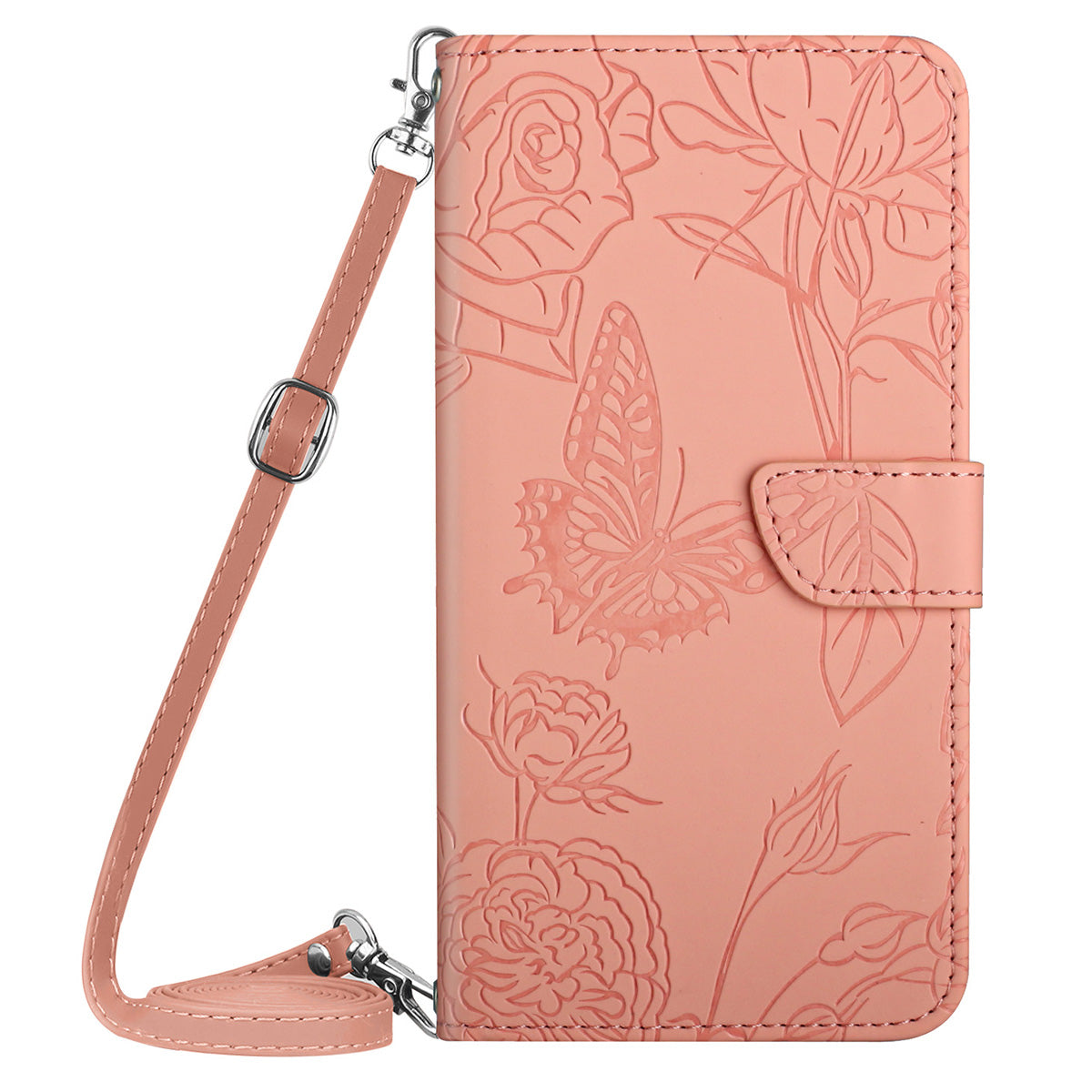 HT03 For Honor 200 Lite Case Butterfly Imprint Skin-touch Feeling Leather Phone Cover with Long Strap - Pink
