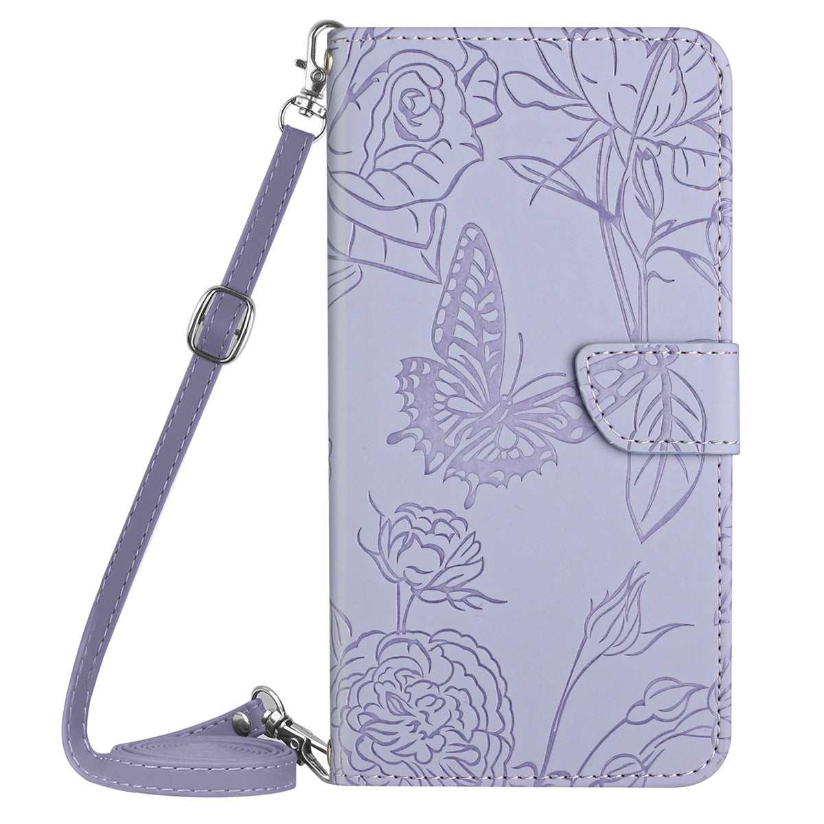 HT03 For Honor 200 Lite Case Butterfly Imprint Skin-touch Feeling Leather Phone Cover with Long Strap - Purple