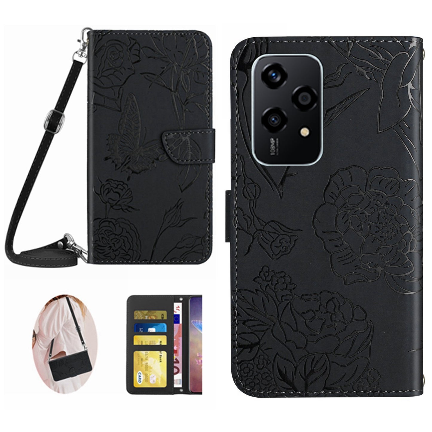 HT03 For Honor 200 Lite Case Butterfly Imprint Skin-touch Feeling Leather Phone Cover with Long Strap - Black